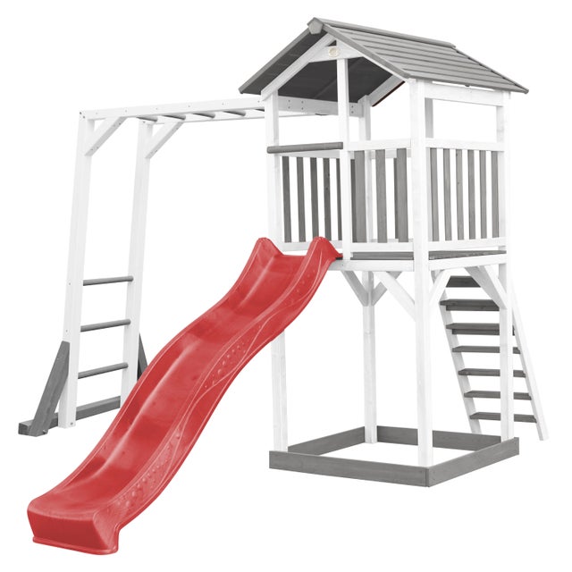 Axi Beach Tower Aire De Jeux Avec Toboggan En Rouge, Cadre D'Escalade & Bac À Sable | Grande Maison Enfant Extérieur En Gris & Blanc | Cabane De Jeu