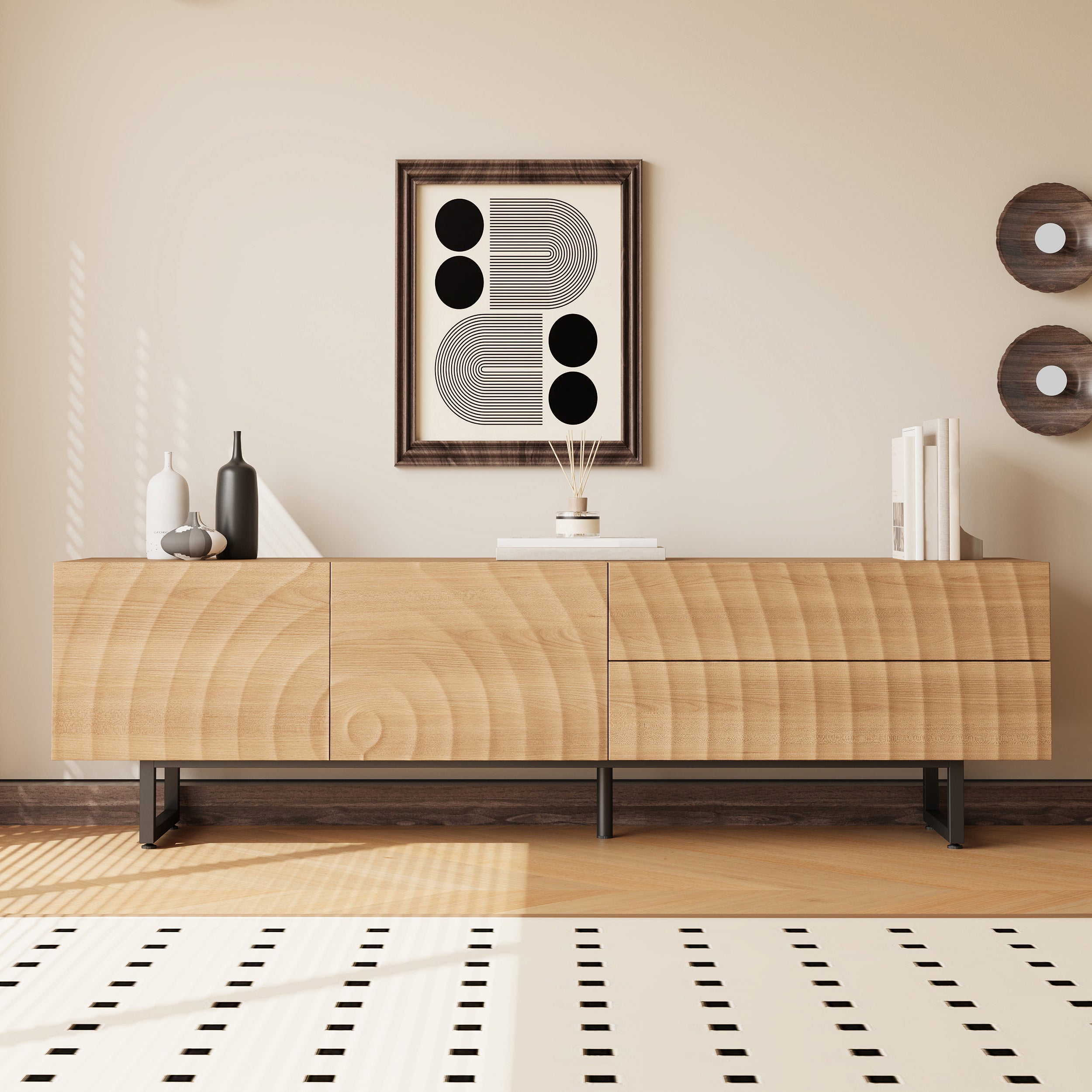 Nowoczesna szafka RTV z 2 drzwiami i 2 szufladami - 180 x 38 x 51,5 cm - Płyta wiórowa - Naturalna