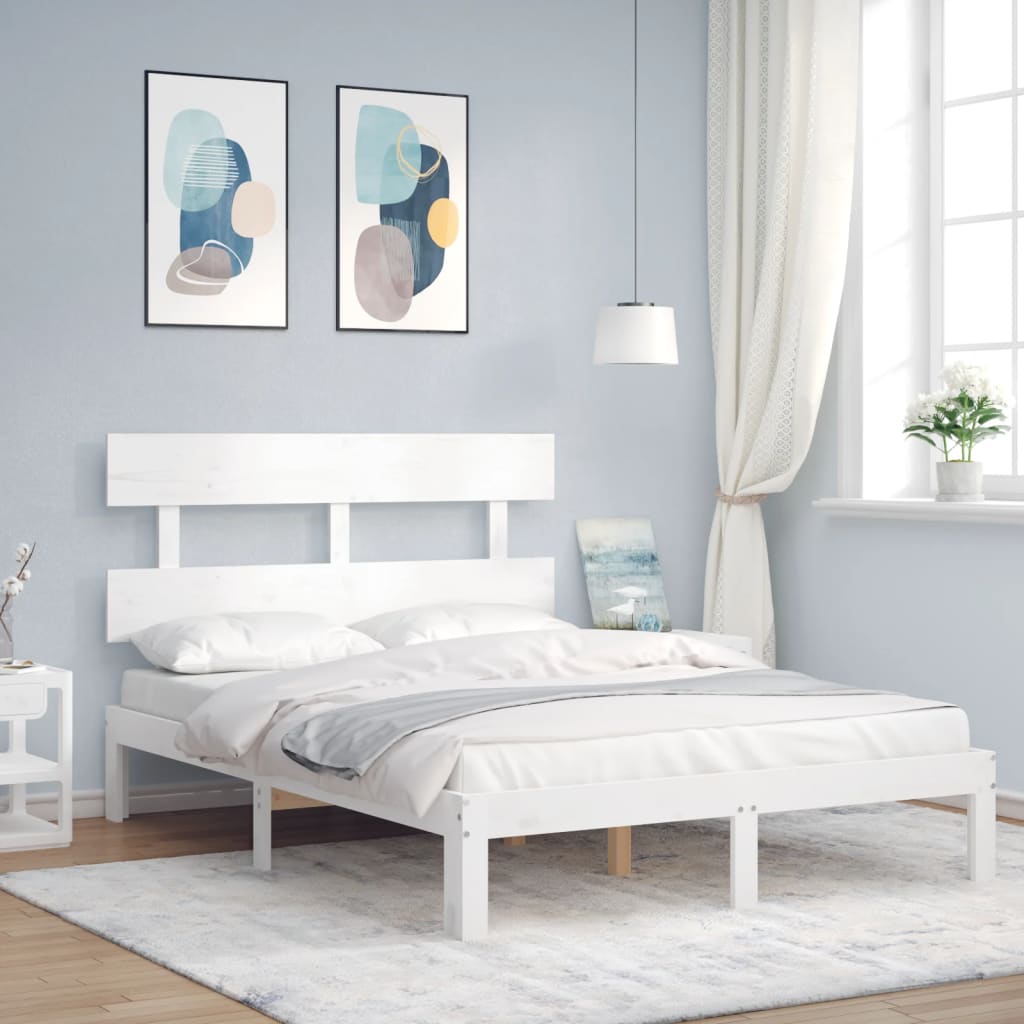 Cadre De Lit En Pin Massif 140x190 Cm - Avec Tête De Lit Et Sommier à Lattes - Style Rustique - Sans Matelas
