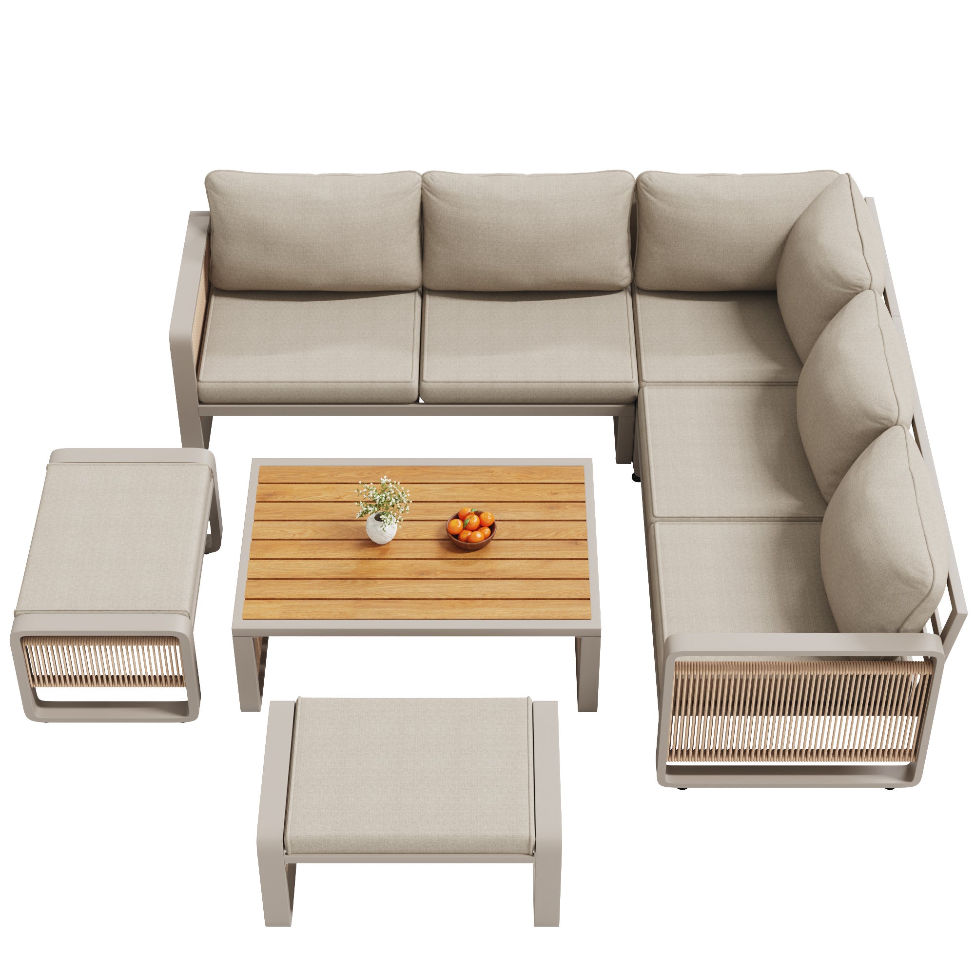 Salon de jardin corde tissée à la main pour 6-7 personnes,avec pieds de chaise réglables,Ensemble de canapé d'angle extérieur avec table basse,Beige - 8