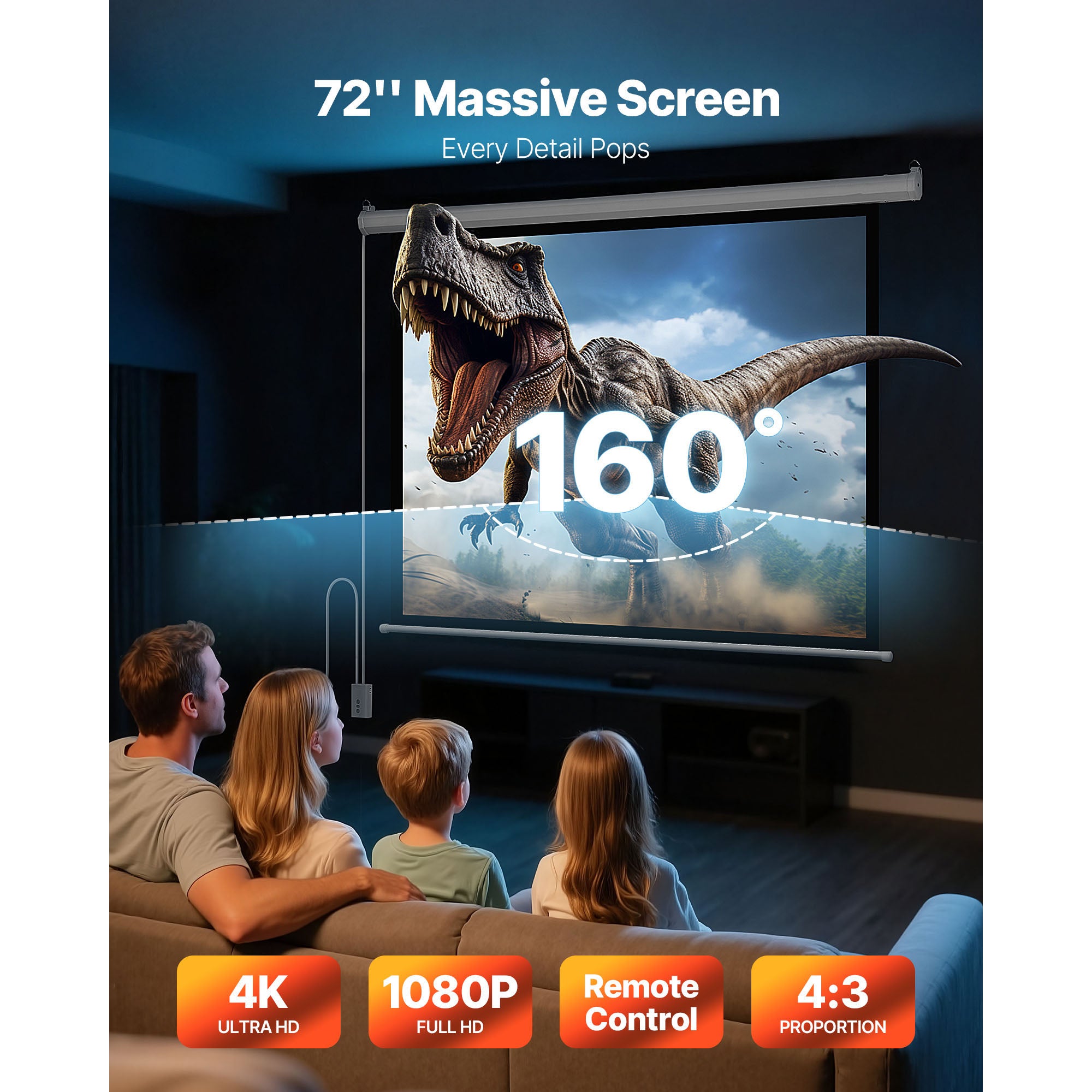 Ecran de projection SucceBuy electrique motorise 1829 mm 4:3 1080 HD, toile murale en PVC, telecommande incluse, large angle de vision, pour maison - 2