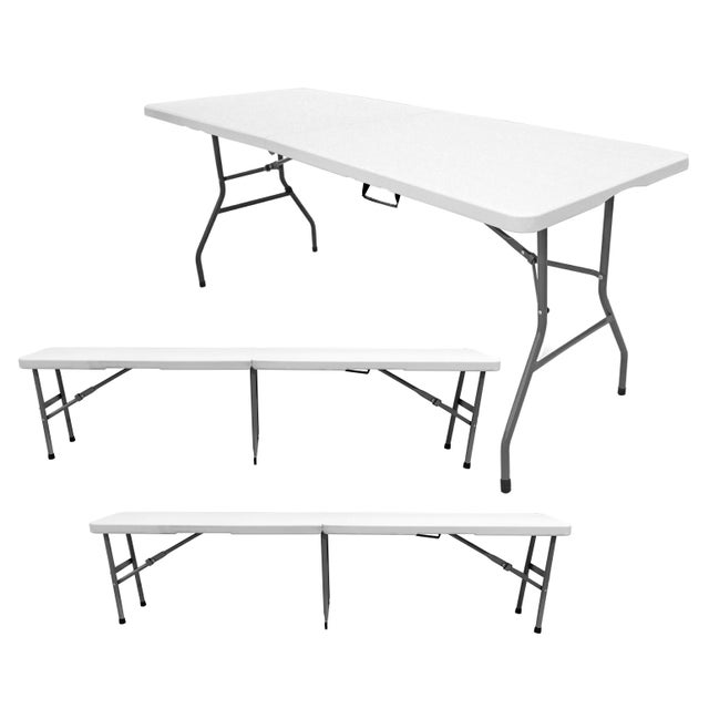 Pack Mesa plegable con 2 bancos solid 180cm portátiles. Capacidad 6/8 personas. Multiusos Jardín, Terraza, Picnic, Catering. The HomeWeeks