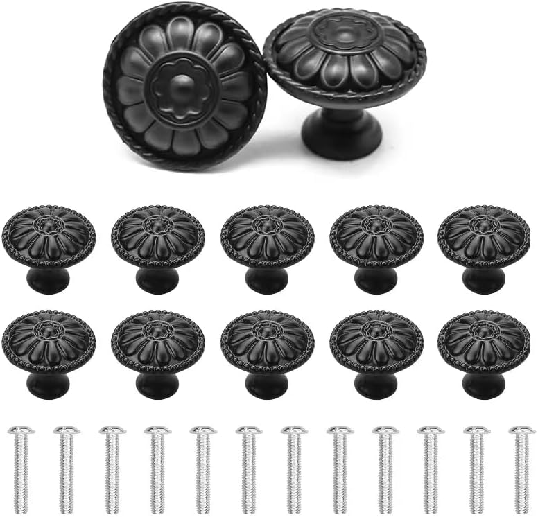 Zestaw 12 gałek meblowych, 30 mm, czarne gałki do drzwi z okrągłym wzorem kwiatowym, gałki do szuflad ze śrubami, gałka do drzwi w stylu vintage do P