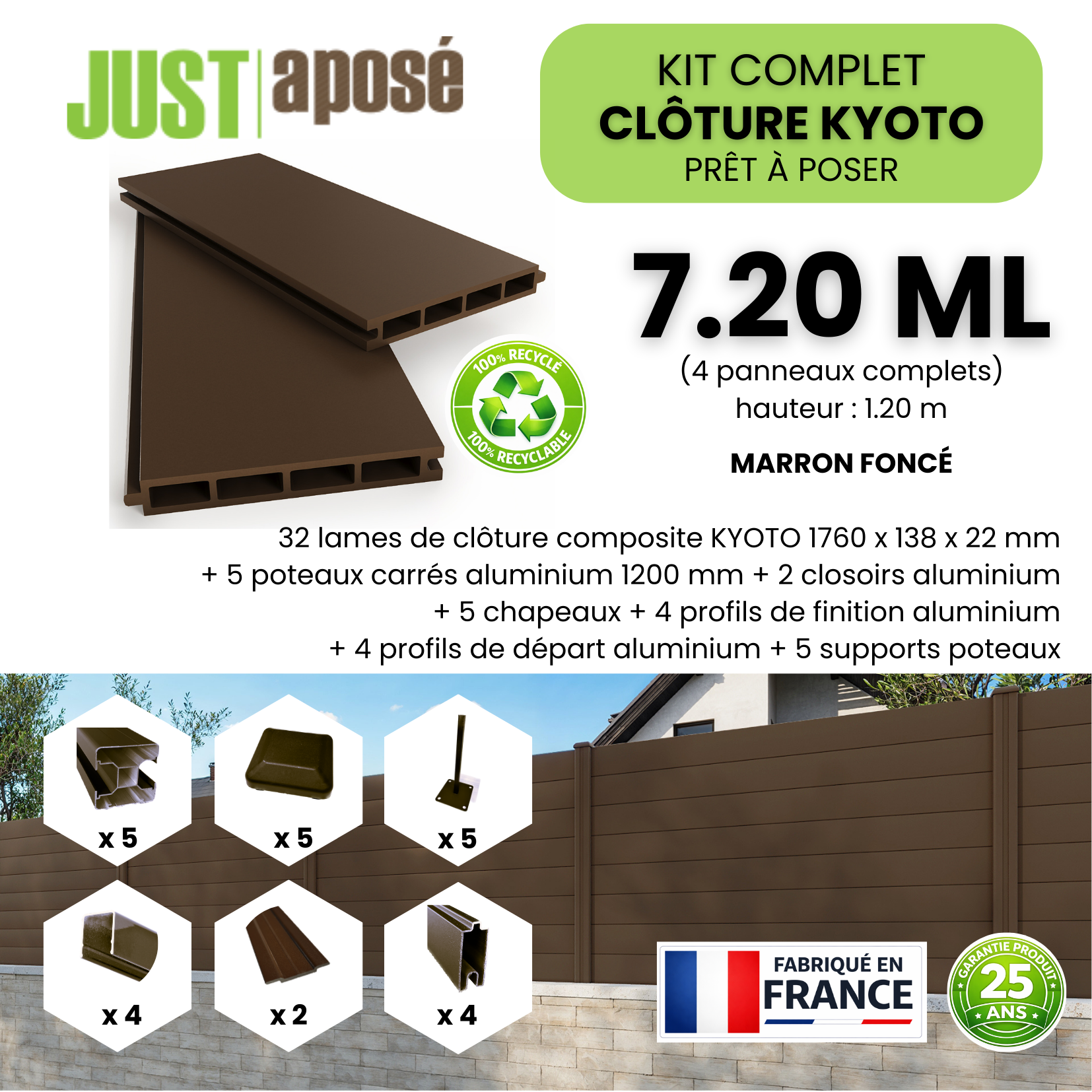 Kit complet clôture composite KYOTO - 4 panneaux complets - 7,20 x 1,20 m - Prêt à poser - Marron foncé - 4