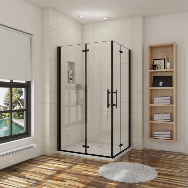 AICA Mampara de Ducha Rectangular Plegable Vidrio Templado Easyclean de 5 mm con Perfil Negro Mate Tamaño:(680-700)x(880-900)x1900mm