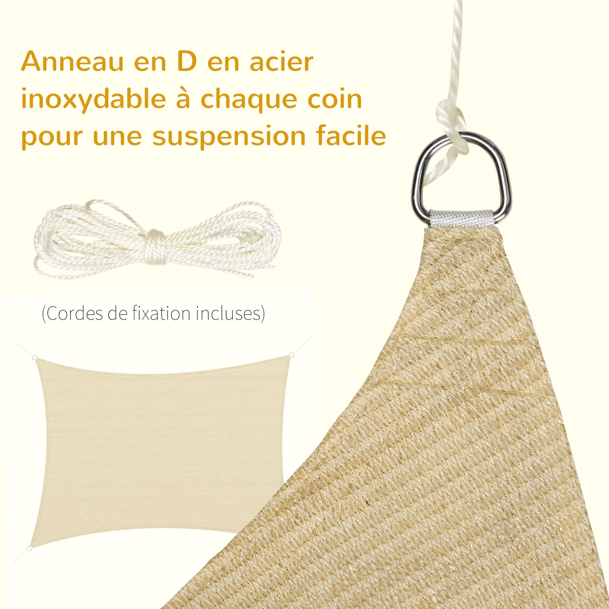 Voile d'ombrage rectangulaire grande taille 4 x 3 m polyéthylène beige - 5