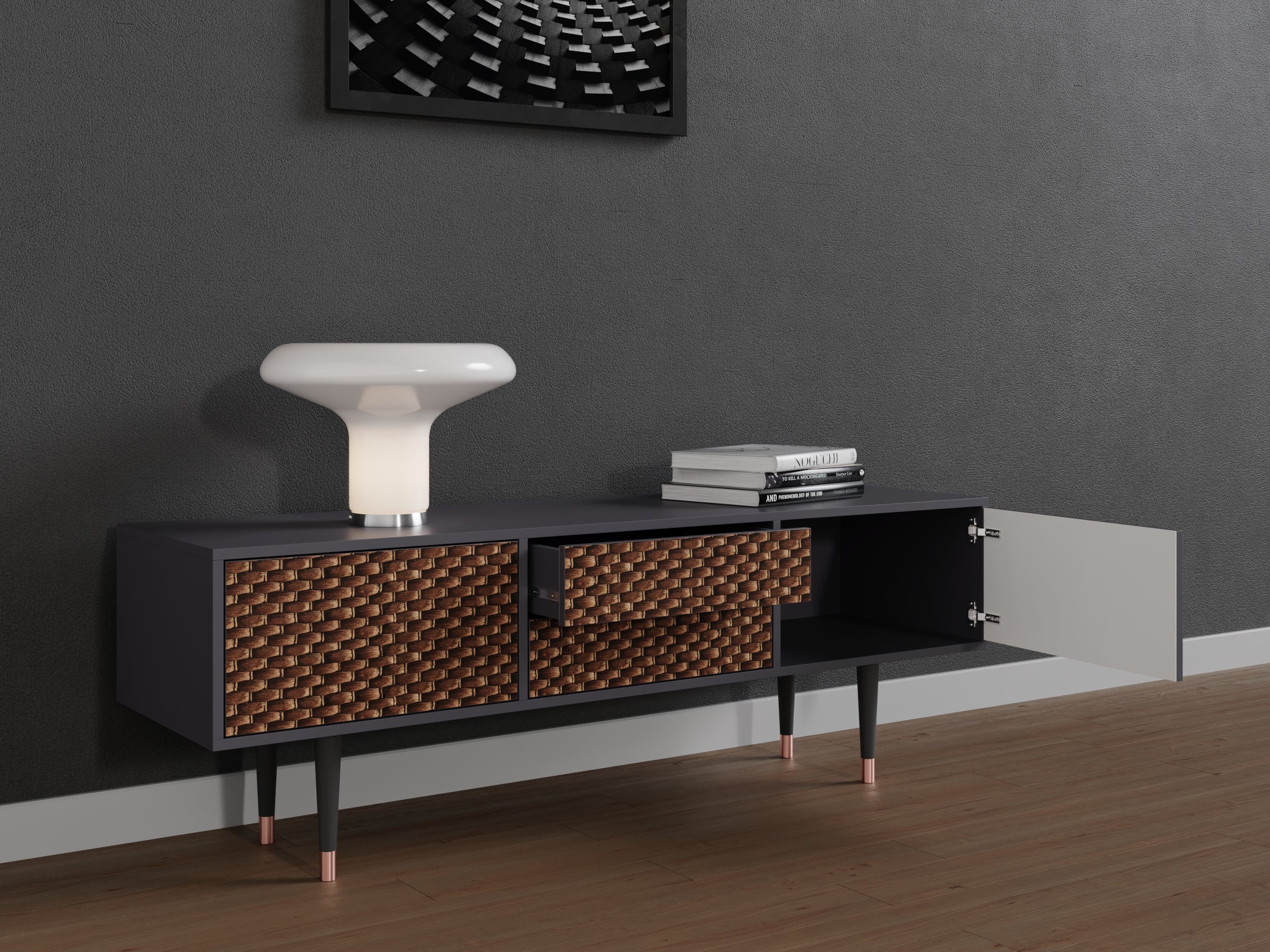 Una base per TV con due porte e due cassetti, lunga 170 cm, di colore antracite - 3