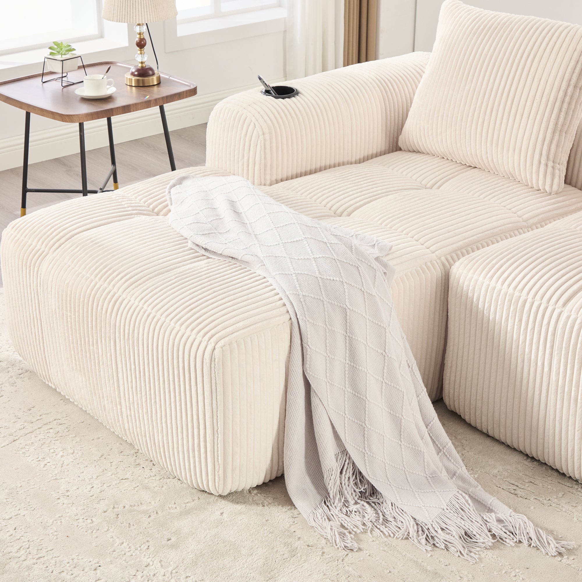 Canapé Modulable 253x158x61 cm, Canapé 4 place en Velours Côtelé avec Rangement et Porte-gobelets - Canapé d'angle sans Montage, beige - 3