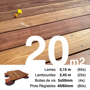 Kit complet terrasse bois exotique CUMARU pour 20 m² • Lames 2,15 m, lambourdes 2,15 m, plots réglables et visserie Inox • Livraison gratuite