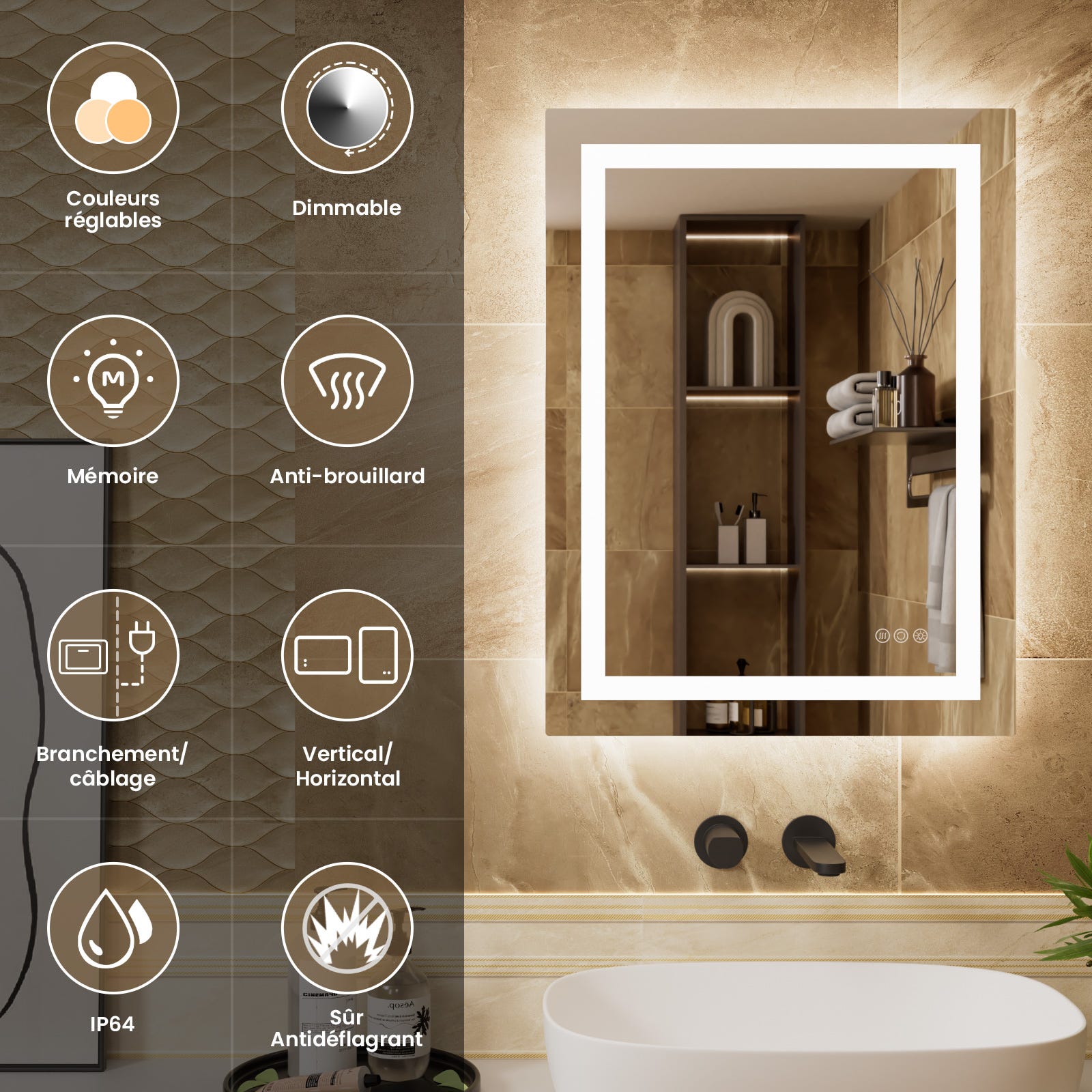 GANPE Specchio con sensore a LED, rotondo, a induzione del corpo umano, illuminato, dimmerabile, anti appannamento, impermeabile IP44, specchio da parete (80_x_80_cm GANPE Specchio con sensore a LED, rotondo, a induzione del corpo umano, illuminato, dimmerabile, anti appannamento, impermeabile IP44, specchio da parete (80_x_80_cm