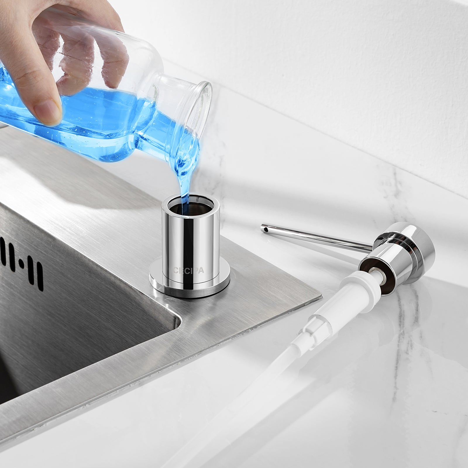 Cecipa MAX Distributeur de Savon de Cuisine Chromé, Distributeur de Savon pour Evier avec Récipient de 300ML + Tuyau d'extension en Silicone de 1,25M - 9