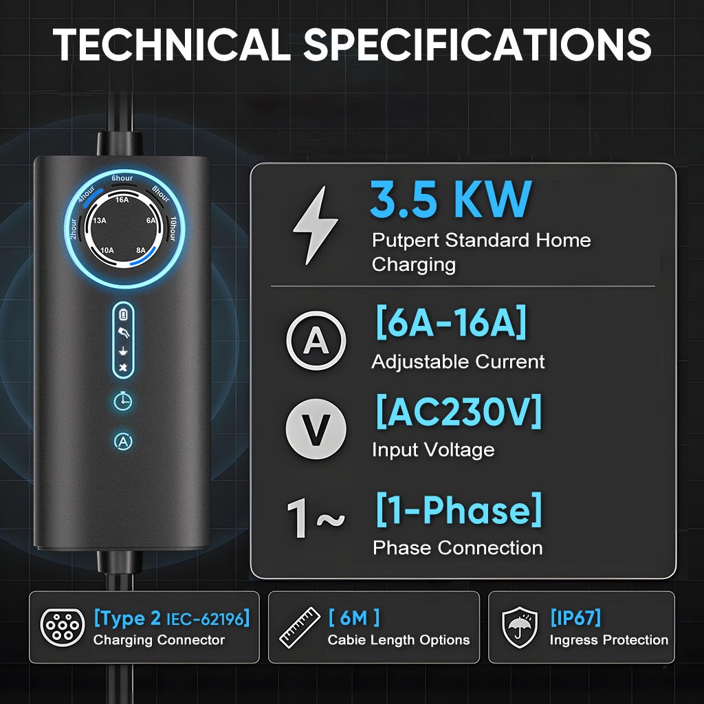 Carregador Portátil para Veículos Elétricos 3.5kW 16A Cabo 6m Tipo 2 IP67 Ajustável 6A-16A Programável Certificação CE - 8