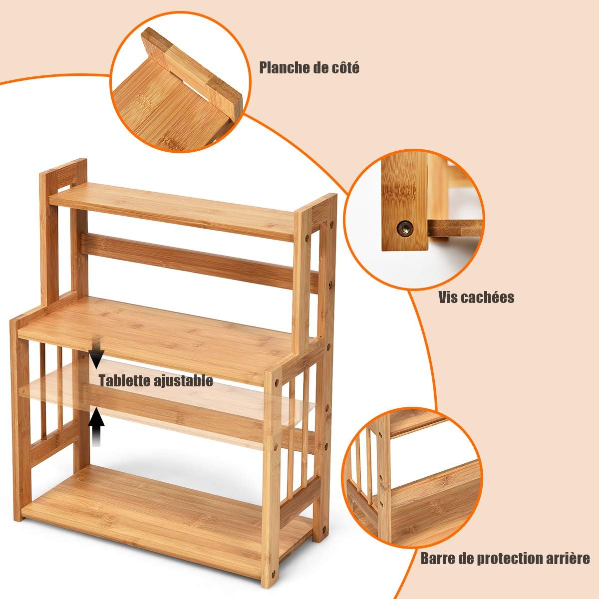 Porta Spezie a 3 Ripiani, Portaspezie Mensola per Cucina Bagno e Toletta, Organizzatore Supporto Porta Spezie in Legno bambù, Carico 20kg, 50 - 3