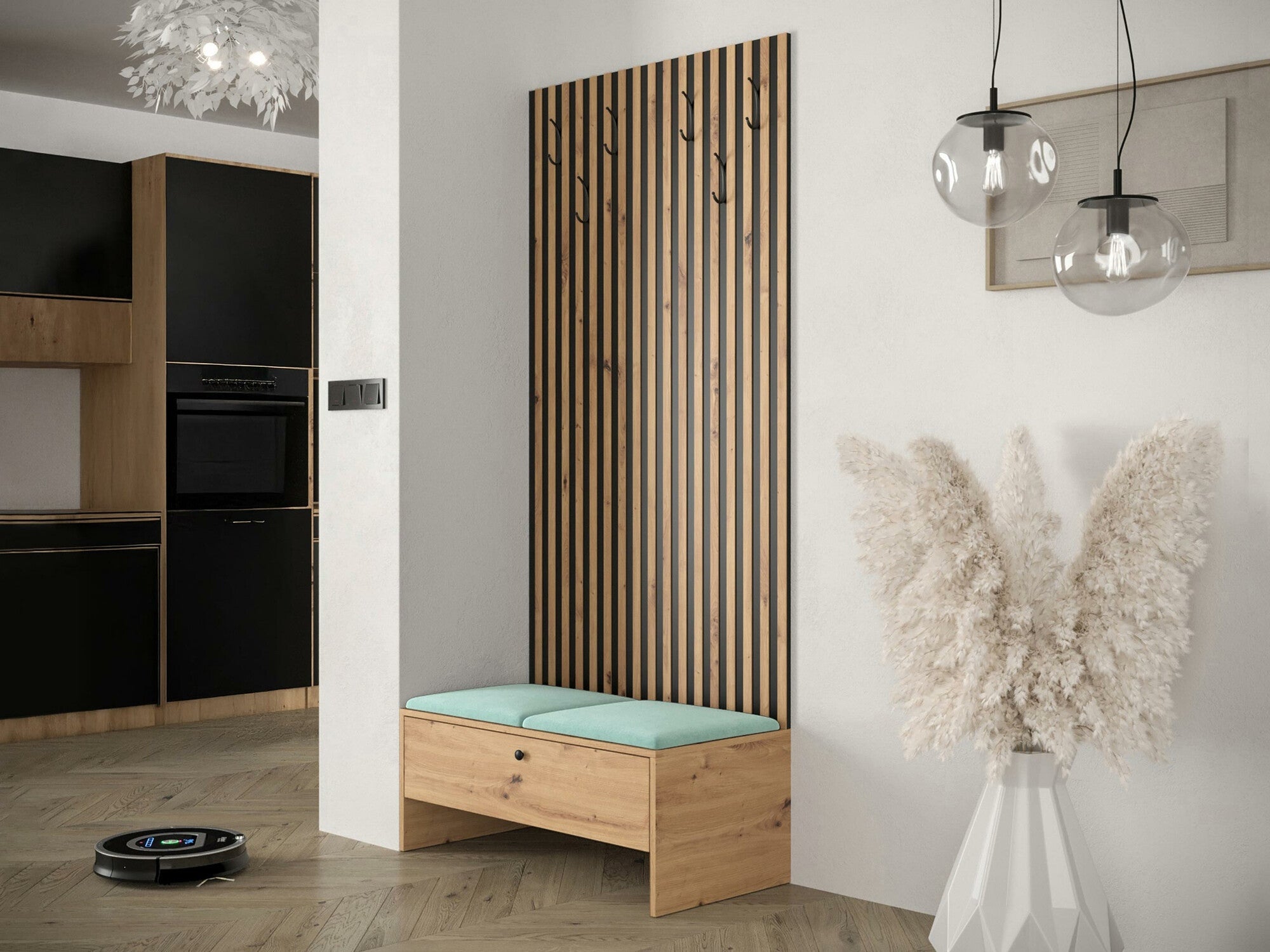 Meuble d'entrée Donio IV, 206x85x44cm, Noir, Chêne Artisan, Tissu, Stratifié, À poser - 2
