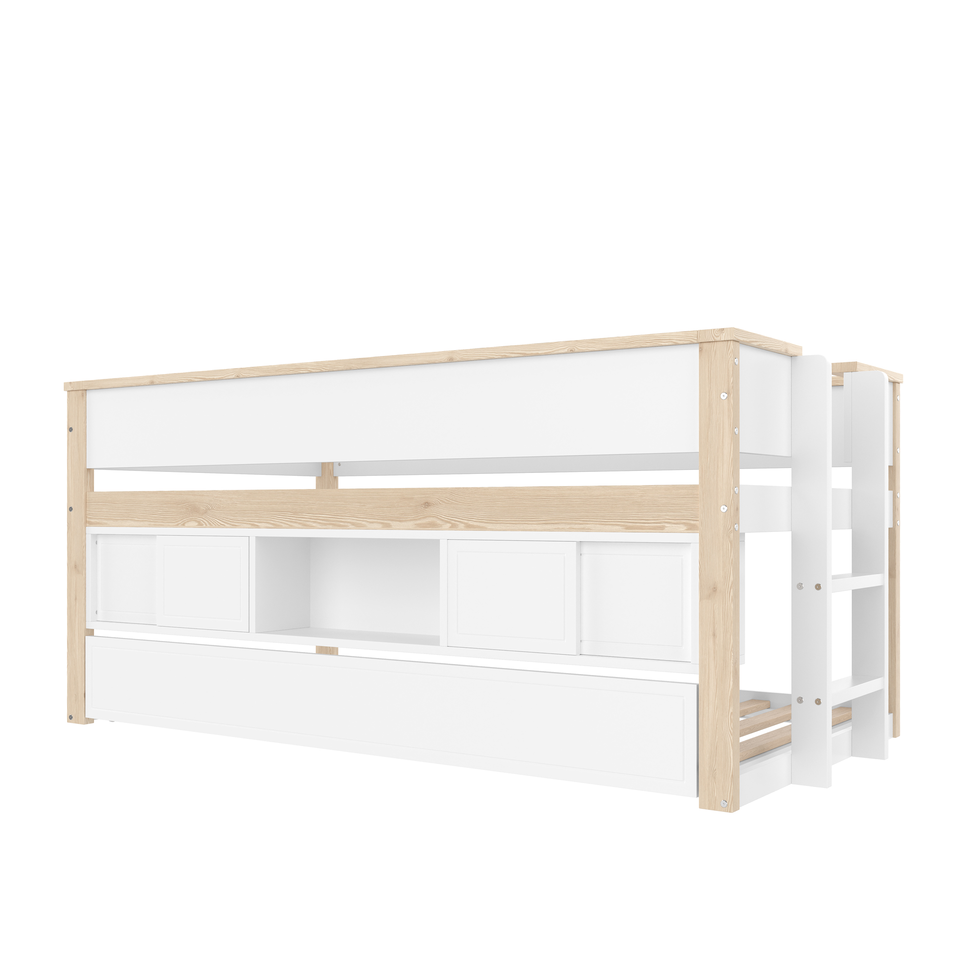 Letto estraibile 90x200 cm con cassetti scorrevoli e spazi aperti, pino bianco e naturale, senza materasso - 7