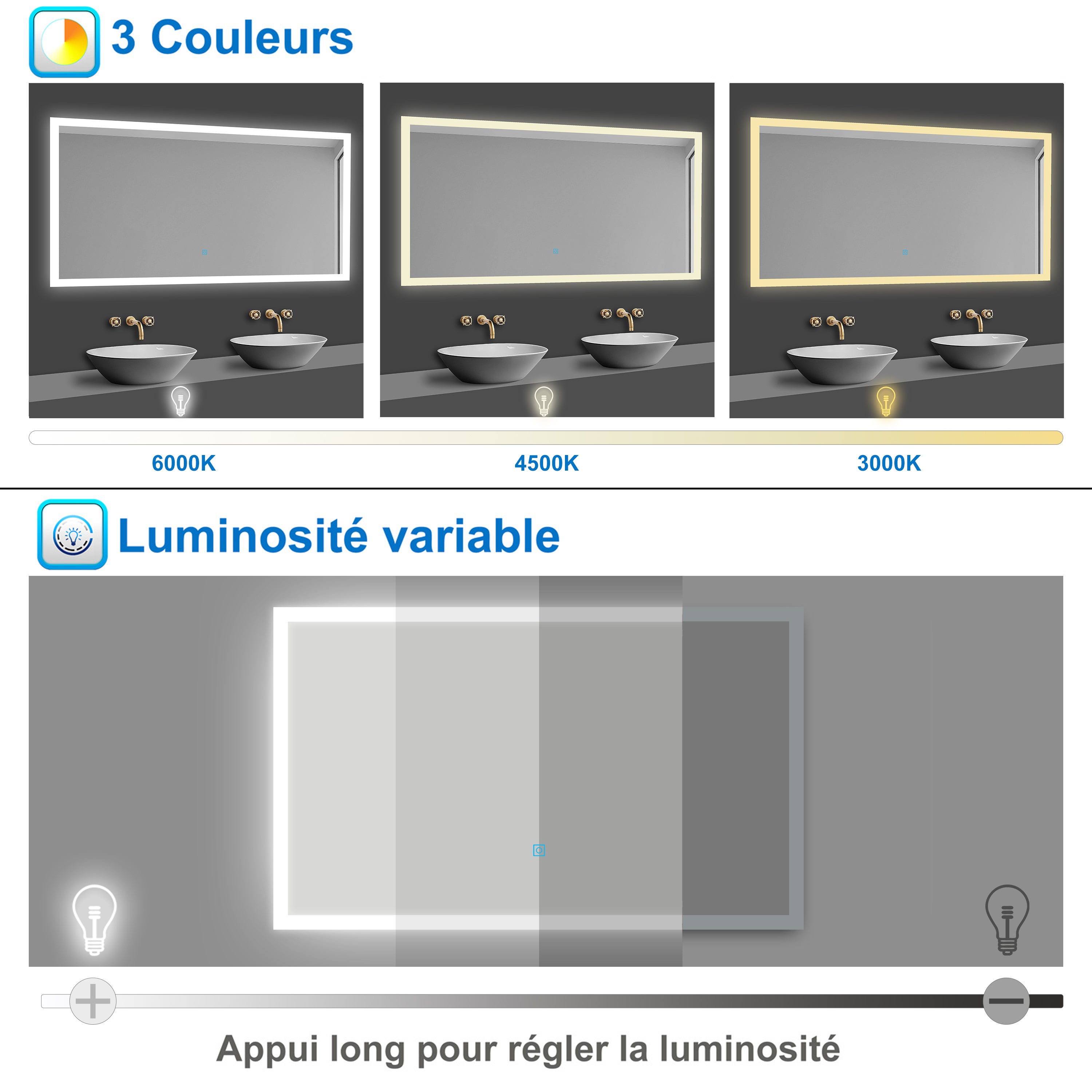 AICA Miroir lumineux rectangulaire 60x50cm,3 couleurs + dimmable + anti-buée + mémoire, miroir salle de bain - 3