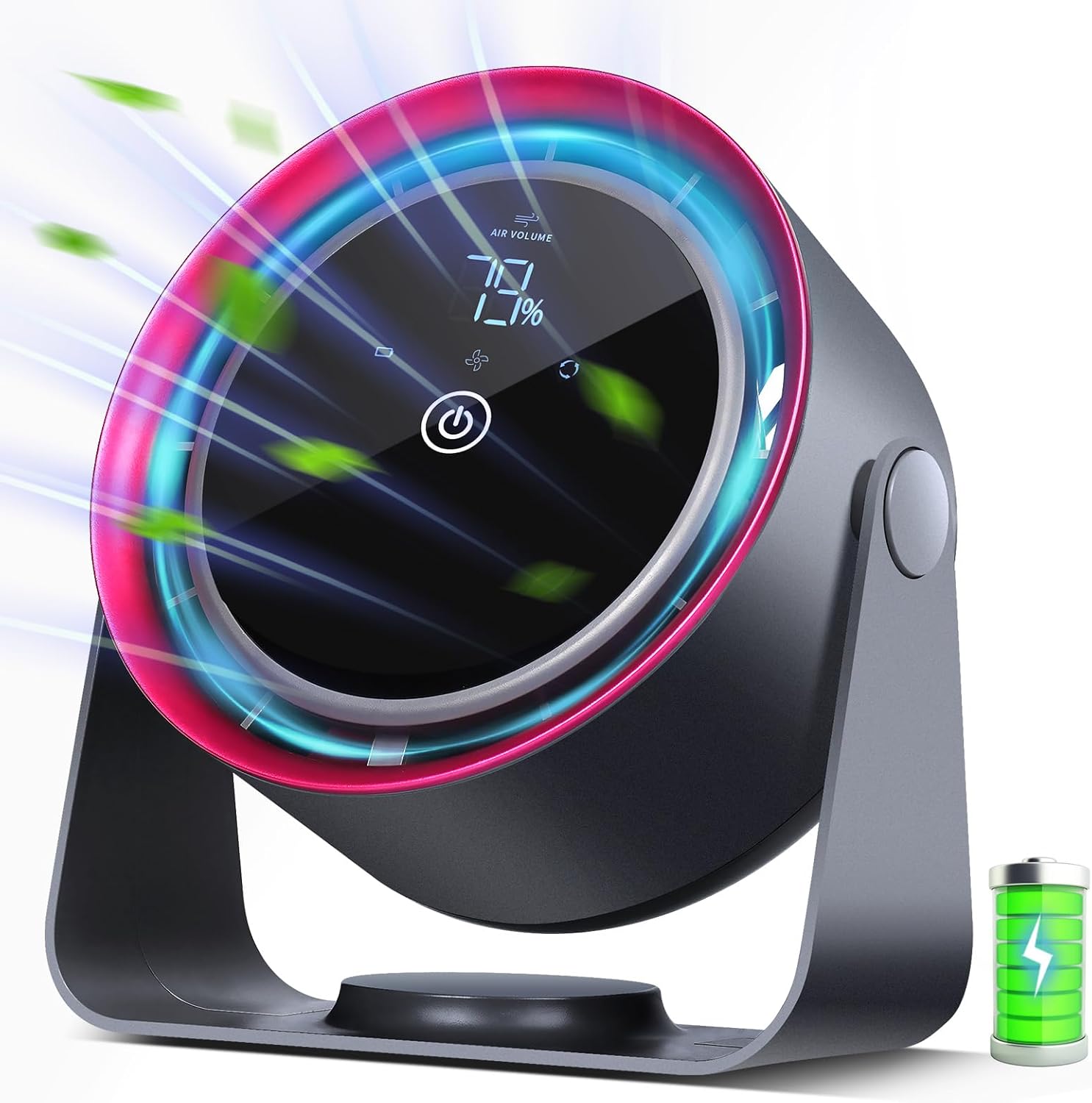 Cichy, akumulatorowy wentylator biurkowy z pięcioma prędkościami i cyfrowym ekranem dotykowym. Idealny do sypialni, podróży i na kemping. Ro