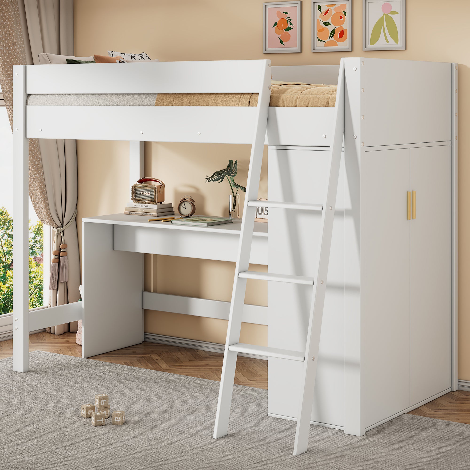 Lit mezzanine 90x200cm en bois - avec bureau et armoire modulable - Blanc - 3