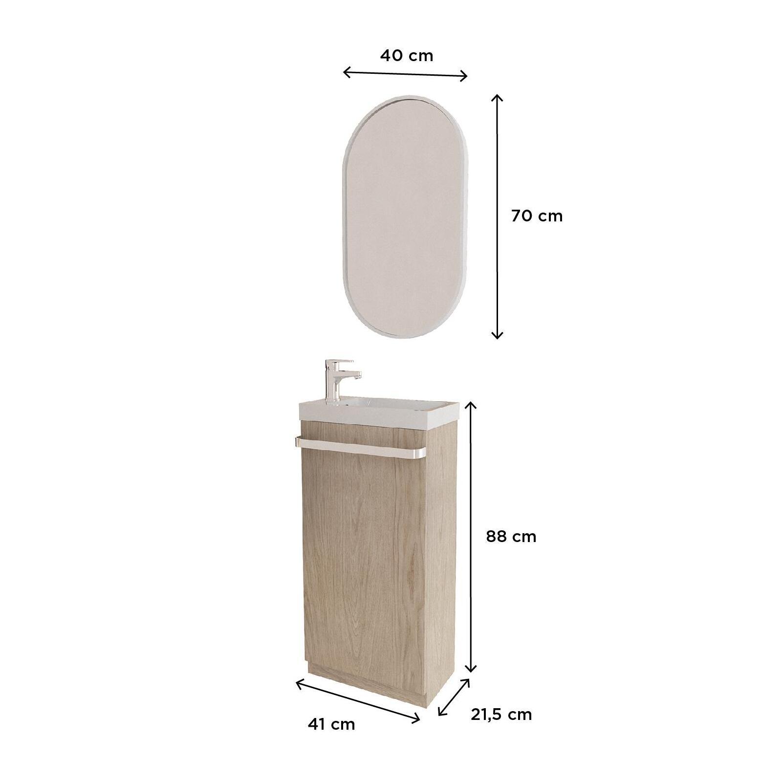 Meuble lave-mains sur pieds JOHANN décor chêne + vasque + robinet + miroir - 3