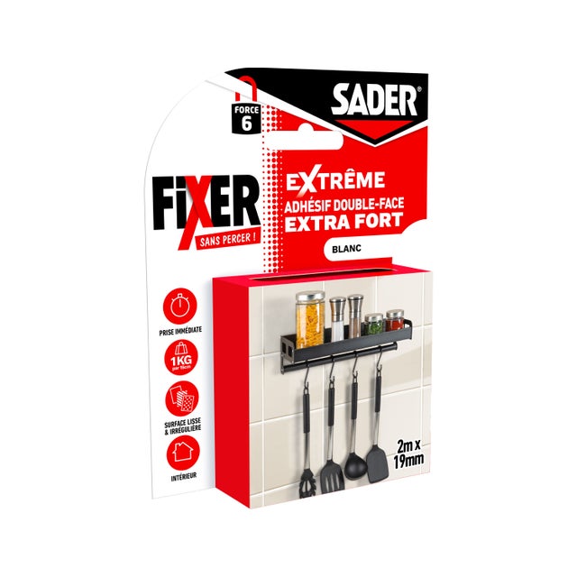 Ruban adhésif - Extra fort - Supporte jusqu'à 10kg - Blanc - 2mx19mm - Sader