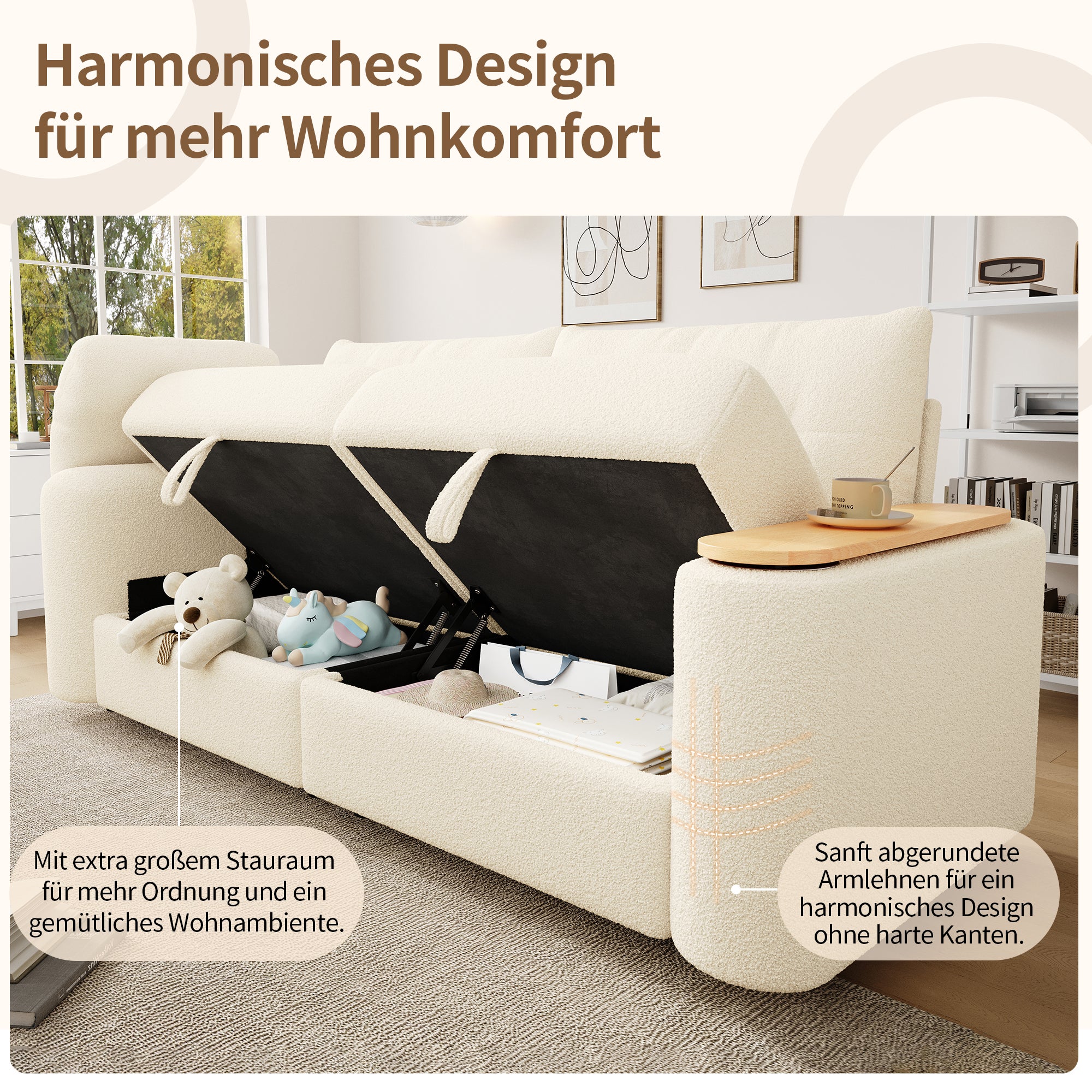 Canapé 3 places avec coffre de rangement et table d'appoint - 207.5 x 80 x 87 cm - Tissu en peluche - Beige - 6
