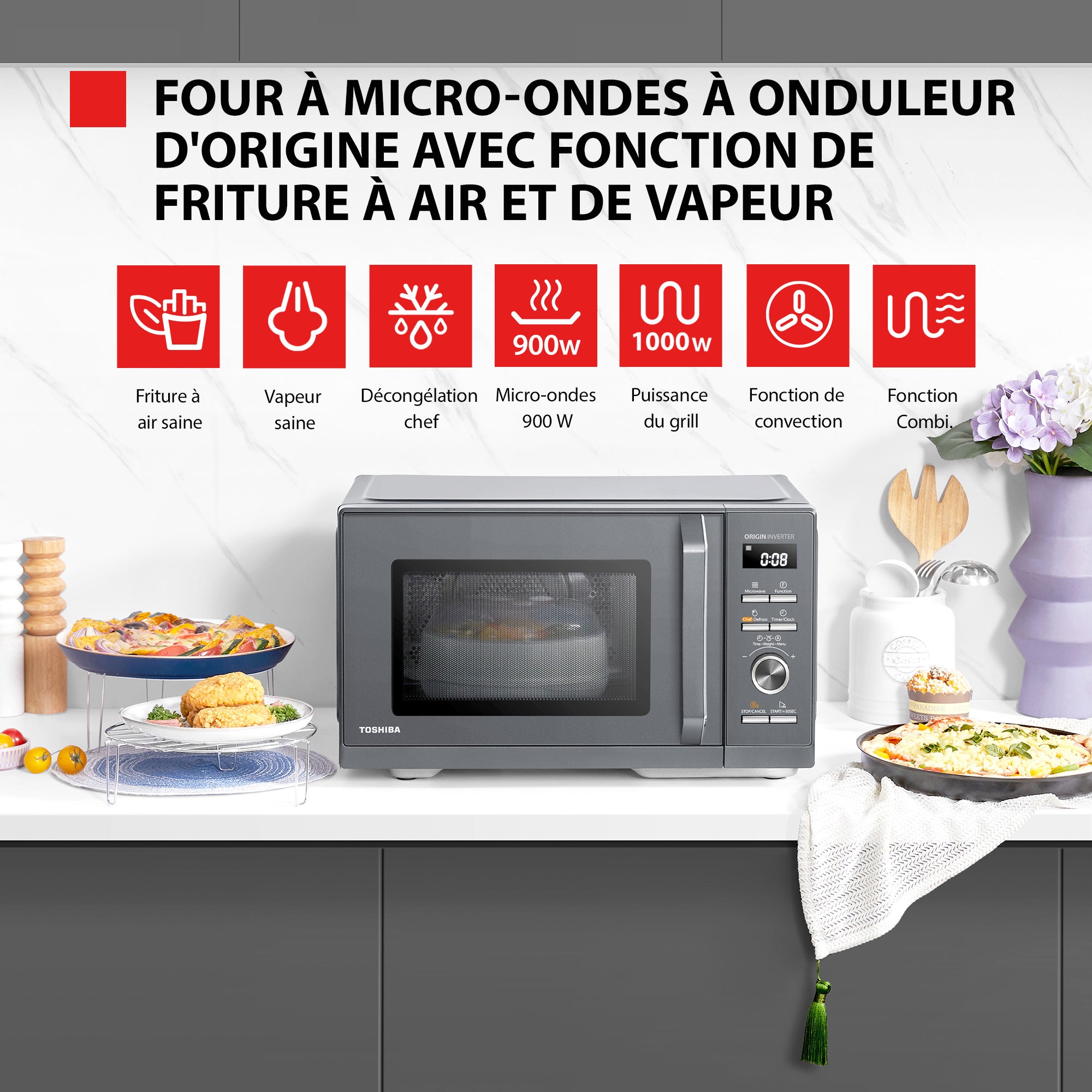 Micro-ondes combiné pose libre TOSHIBA MW3-AC26SFI(MG)-900W+Grill 1000 W+Convection 2100W - Friteuse - 26L - Gris morandi - 3