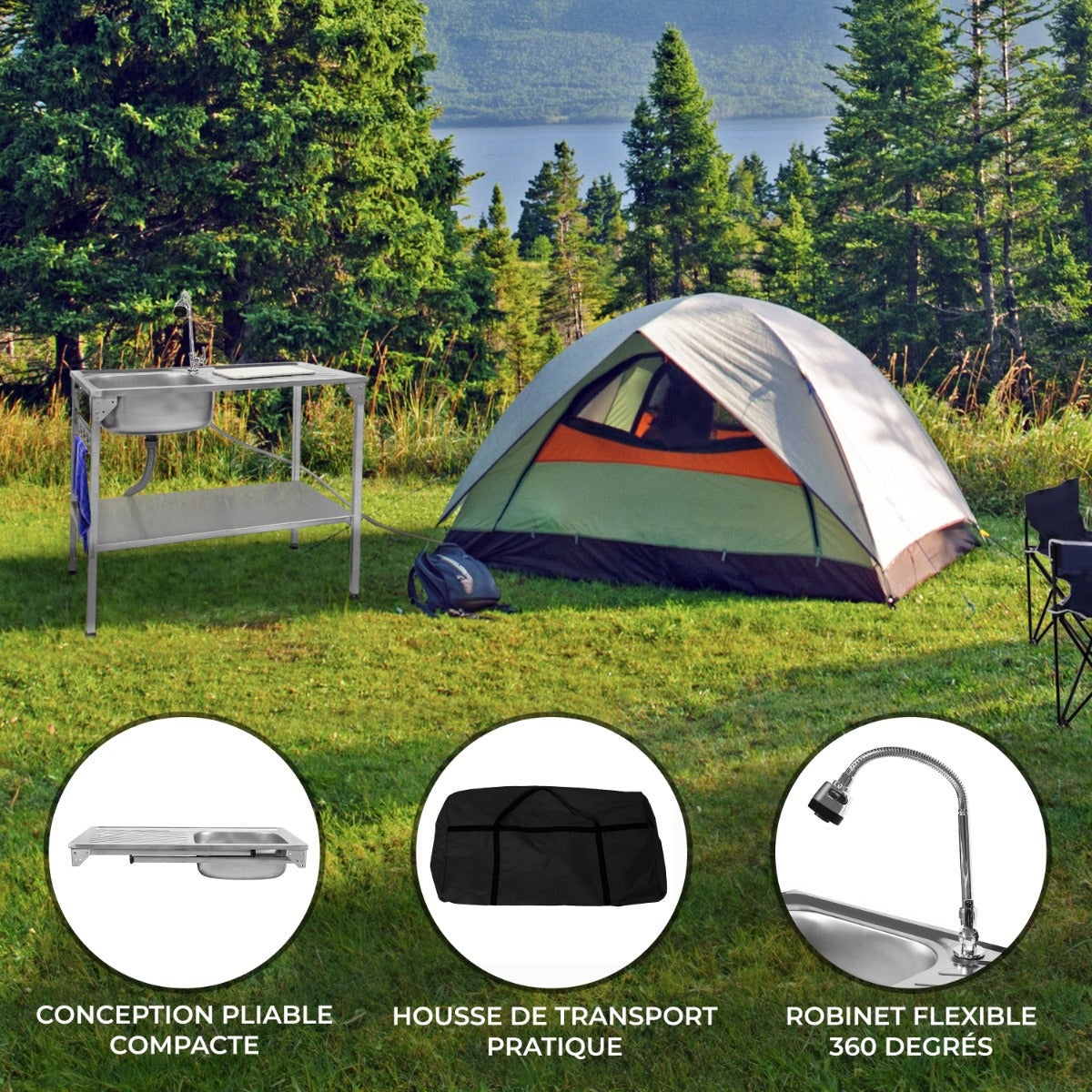 Évier de Camping sur Pieds Pliant en Acier Inoxydable- Glamping Jardin Extérieur- Égouttoir à Droite, Robinet Flexible, - 2