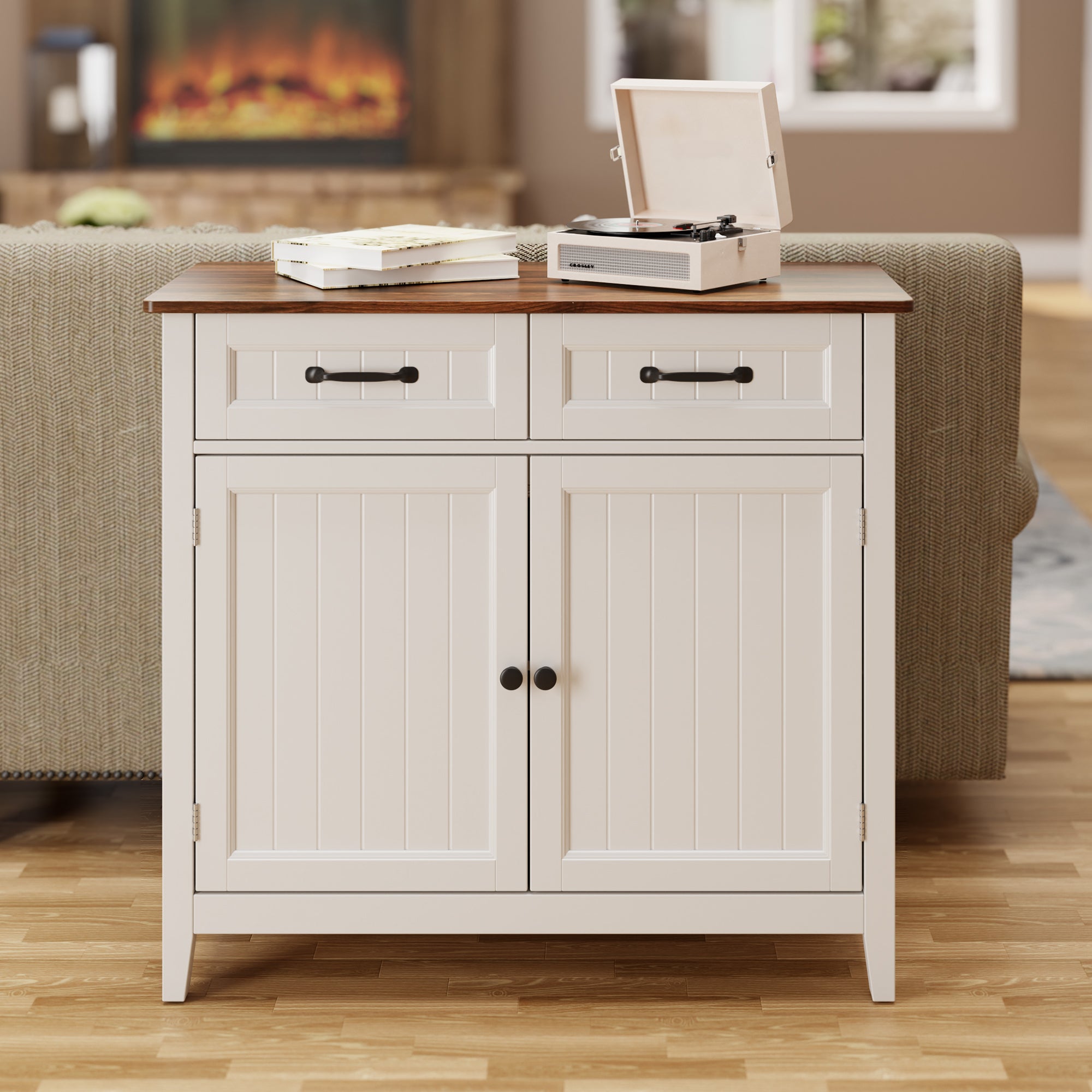 Buffet Meuble de Rangement en MDF - 2 Tiroirs, 2 Portes et Étagère Réglable avec Plateau Marron Bealife - 2
