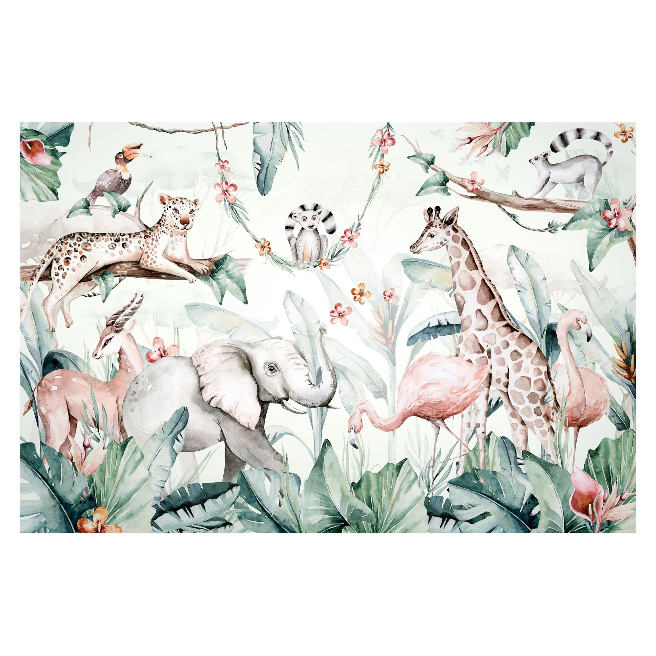 Papel pintado fotomural acuarela bosque áfrica arte naturaleza 352 - habitación infantil niño habitación niña - tnt 336 x 225 cm smart