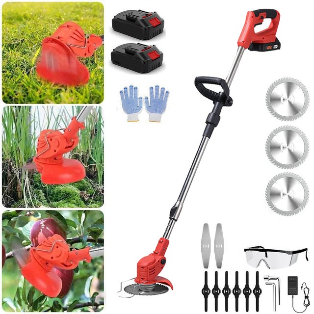 Rasaerba elettrico a batteria, decespugliatore ricaricabile, 3 lame, impugnatura regolabile, per giardino (2 batterie, standard europeo)