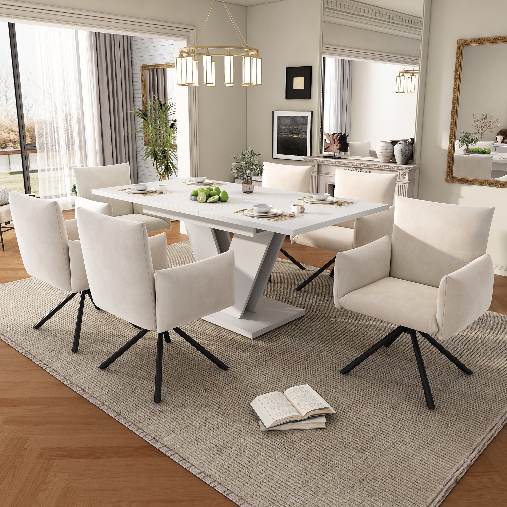 Table à manger extensible pour 4 à 6 couverts - 120/160 x 80 x 75.5 cm - MDF - Pièds en forme V - Blanc - 6