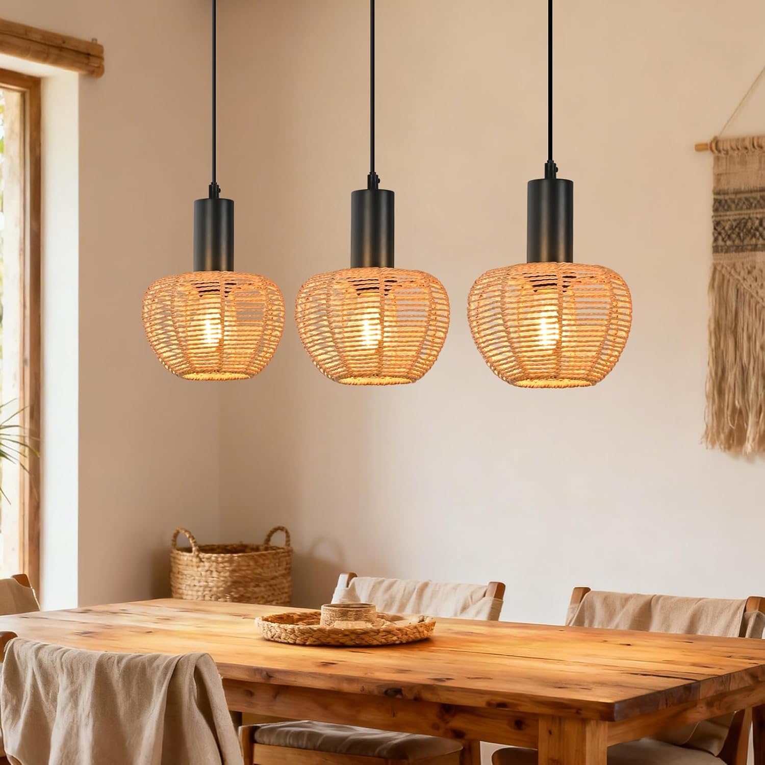Lampa wisząca Nettlife Boho Rattan z 3 żarówkami – żyrandol z plecionej liny konopnej w stylu vintage, E27 (żarówki nie są dołączone)