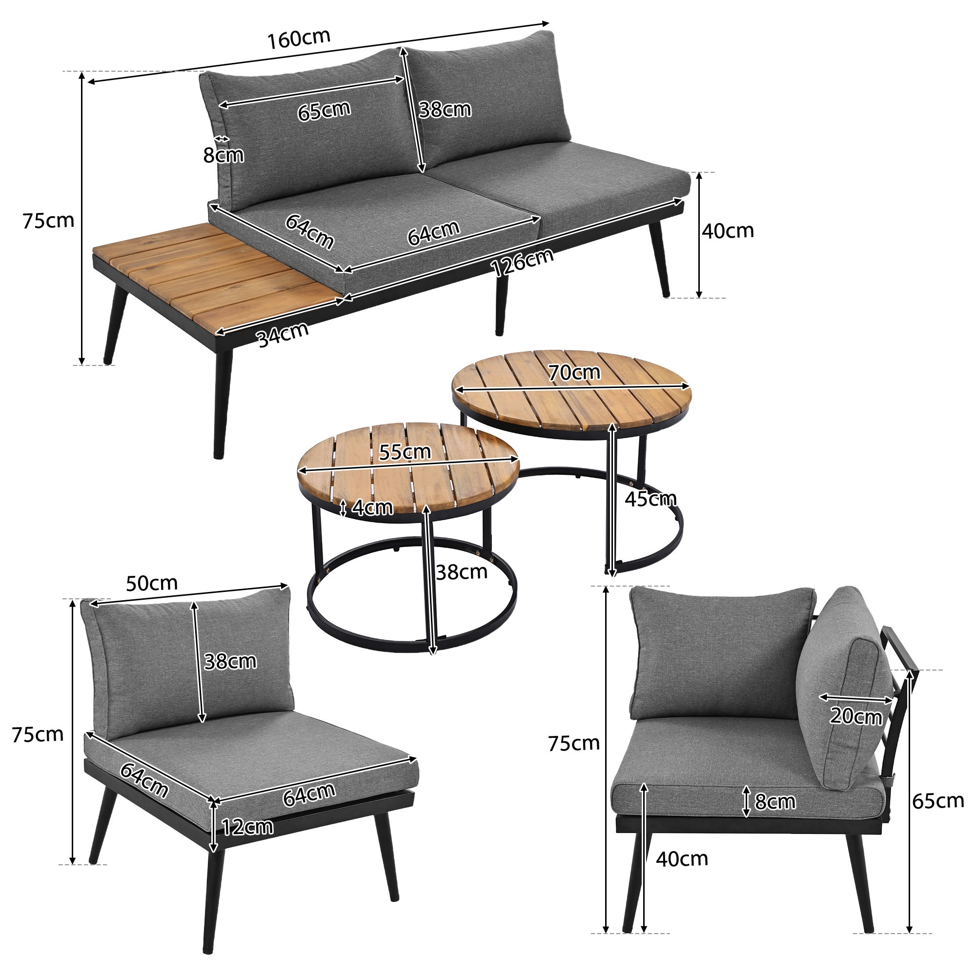Salon de jardin pour 5 - 6 personnes, cadre en fer galvanisé, salle à manger ensemble de 6 pièces (2 canapés, 2 fauteuils simples, 2 tables) - 3