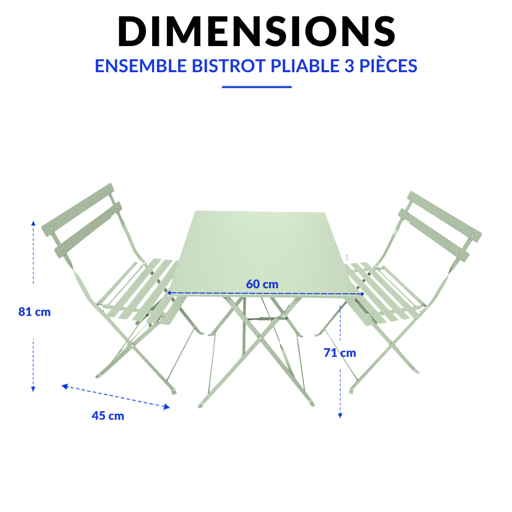 Ensemble de jardin pliable Madalena - Table de bistrot carrée et 2 chaises pour balcon ou terrasse - Unité - Vert pastel - 2
