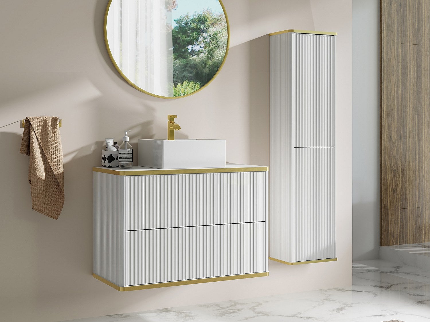 Podwieszana szafka łazienkowa prążkowana z kwadratową umywalką nablatową i słupkiem - Biała - 80 cm - KELIZA