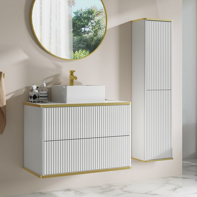 Podwieszana szafka łazienkowa prążkowana z kwadratową umywalką nablatową i słupkiem - Biała - 80 cm - KELIZA