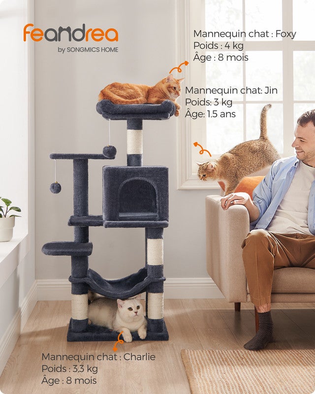 Arbre à Chat Hauteur 112 cm, avec 4 Poteaux à Griffer, 2 Plateformes, 1 Niche, 1 Hamac, 2 Pompons, Gris Fumé - 2