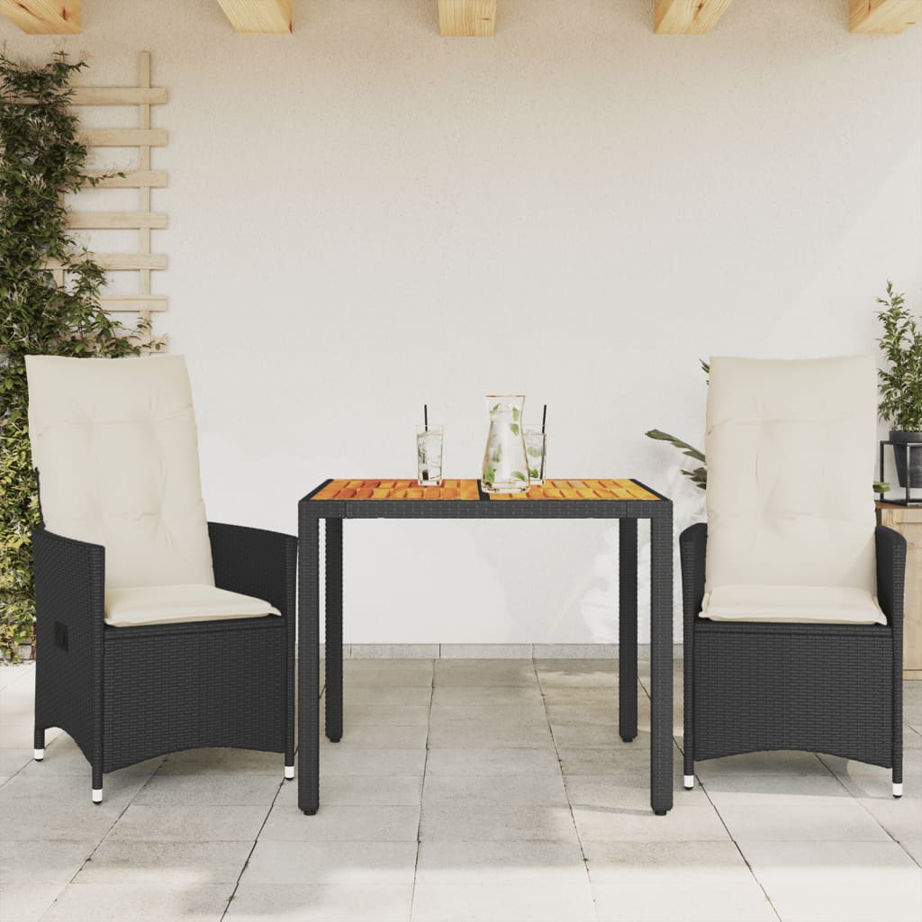 3-cz. zestaw mebli bistro, poduszki, czarny rattan PE i akacja vidaXL