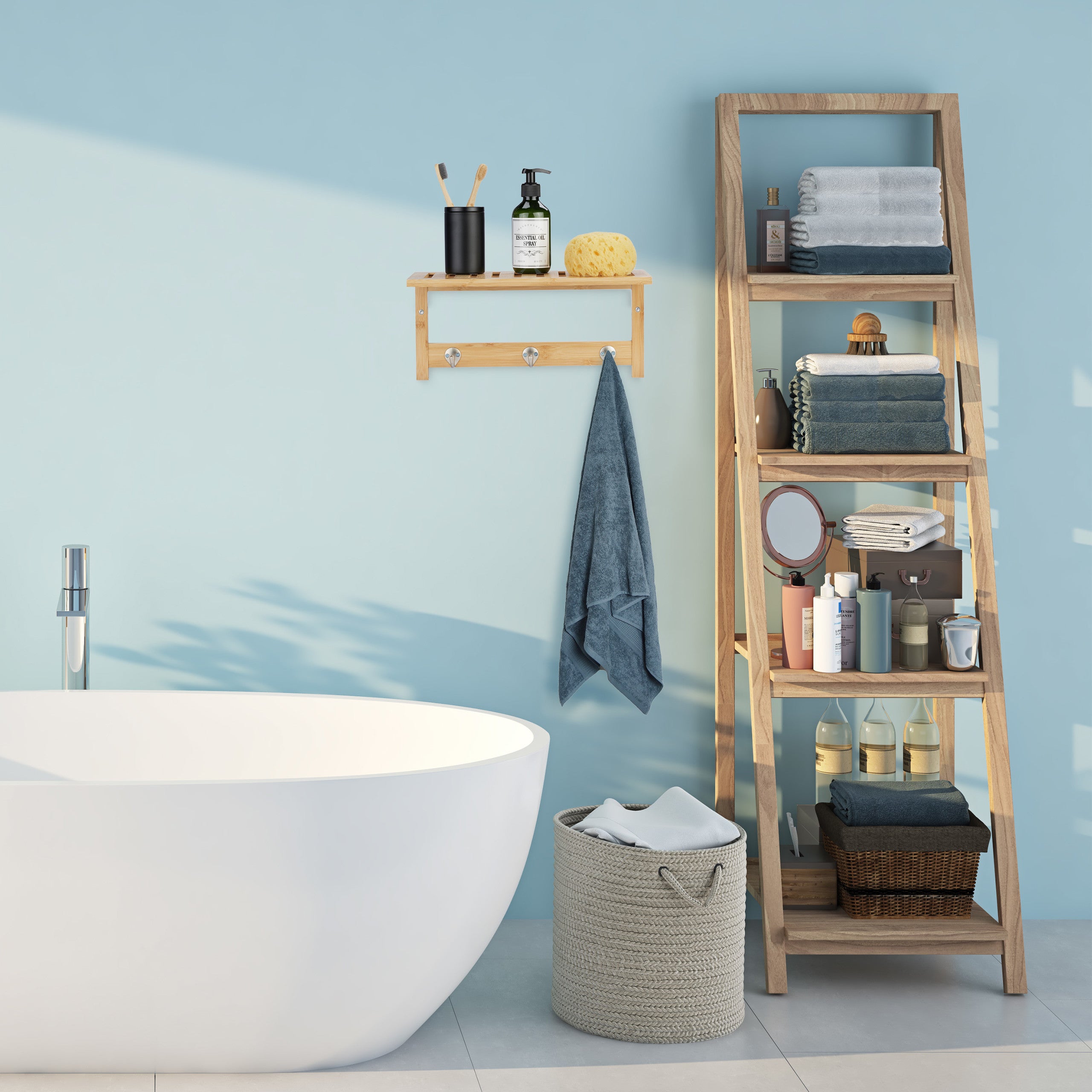 Relaxdays Mensola Appendiabiti, Attaccapanni con Ripiano, Bagno e Ingresso, 3 Ganci, Bambù, HLP 18x37,5x16 cm, Naturale - 2