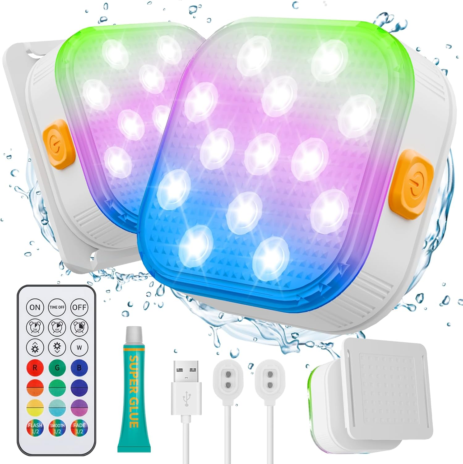 Zestaw 2 ładowalnych, zanurzalnych lamp LED, magnetyczne oświetlenie LED do basenu z pilotem, nastrojowe oświetlenie RGB do basenu