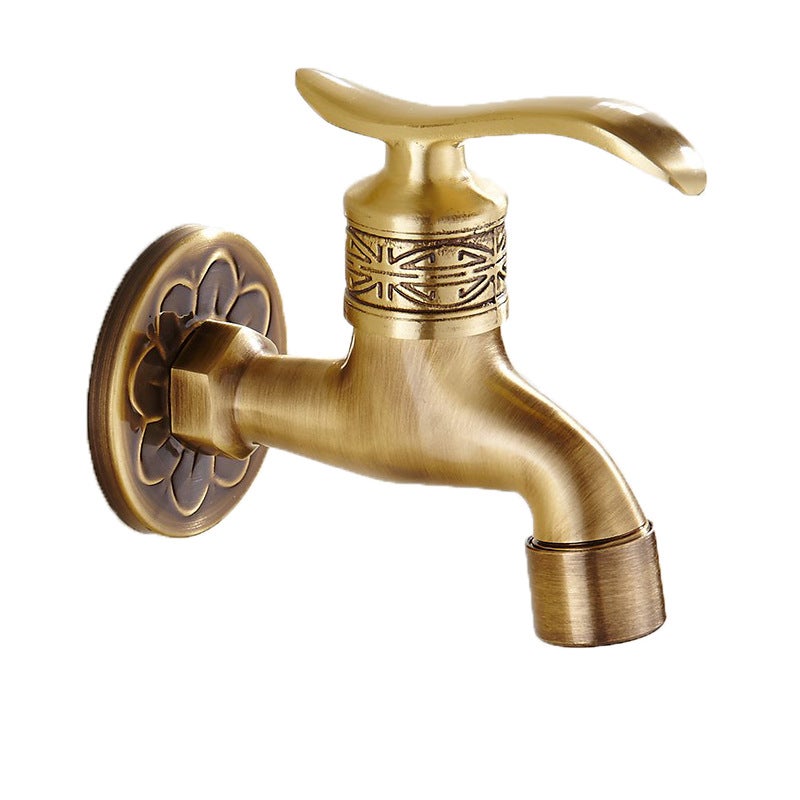 Kran do zimnej wody z uchwytem ściennym w kolorze starego mosiądzu, odpowiedni do pralek łazienkowych.