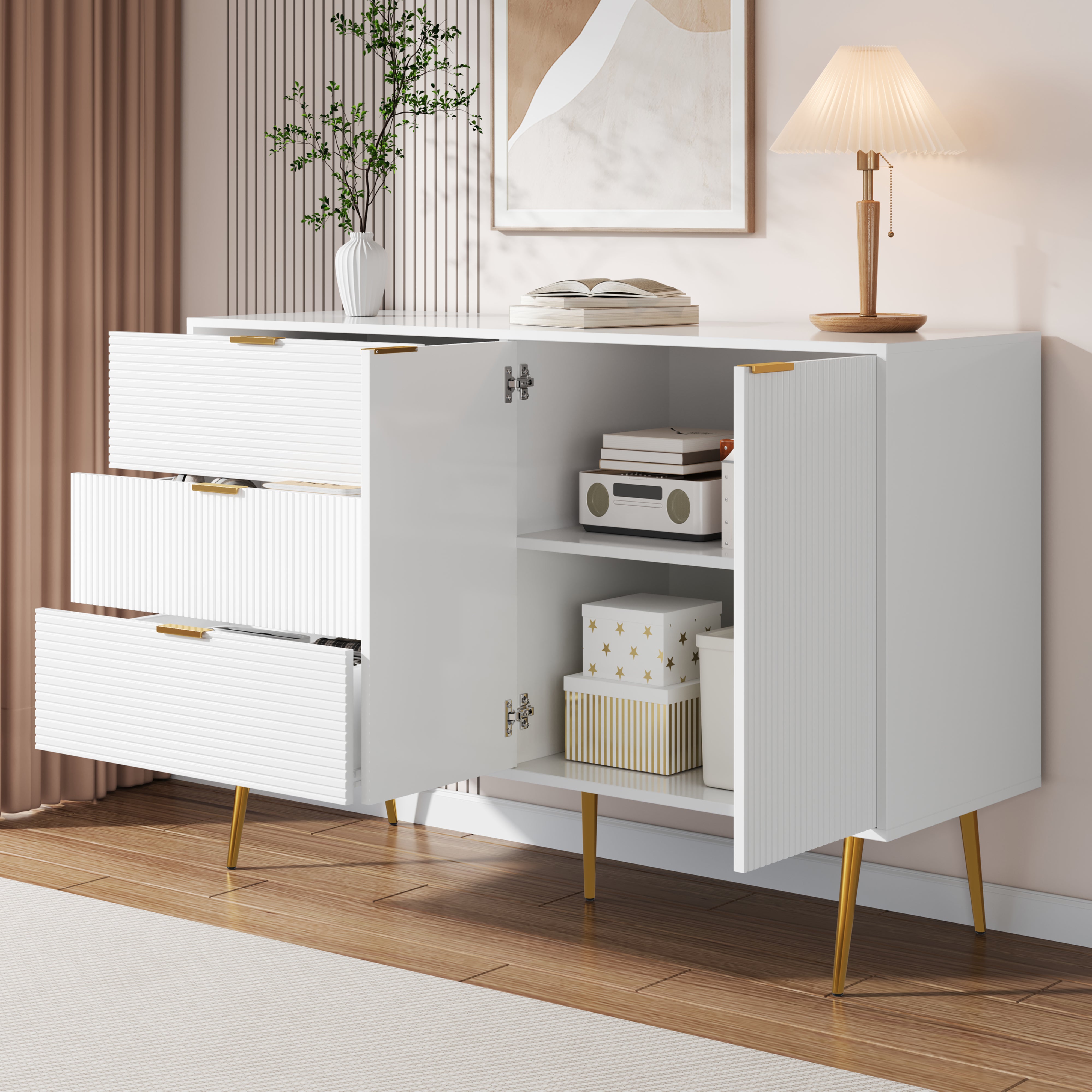 Komoda z 2 drzwiami i 3 szufladami - 120 x 38 x 80,5 cm - Złote uchwyty i nogi - Płyta MDF - Biało-złota