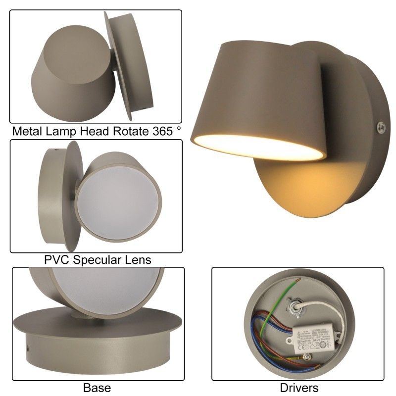 Aplique de Pared LED con Foco Orientable 6W, 2700K Luz cálida de Lectura en Aluminio Gris, Diseño Nórdico Moderno - 2