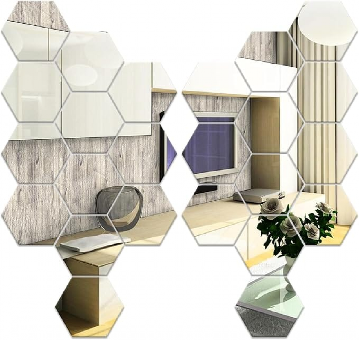 Oglindă de perete hexagonală cu 24 de piese, oglindă de perete autoadezivă argintie 160 × 184 × 92 mm