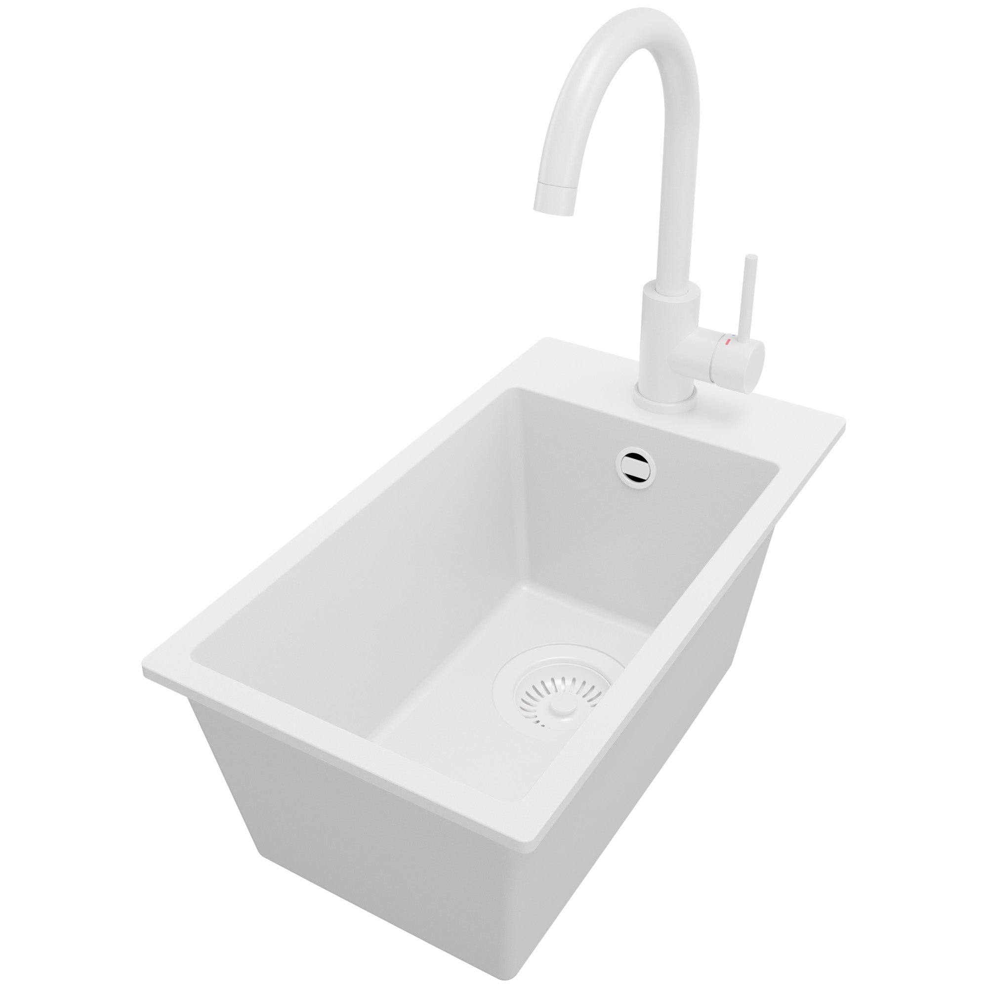 Zlewozmywak Granitowy Cały Biały 28x50cm, Zlew Kuchenny 1 Komorowy + Bateria 32x20cm + Syfon, Nablatowy do szafki od 30cm - Ryga PRIMAGRAN