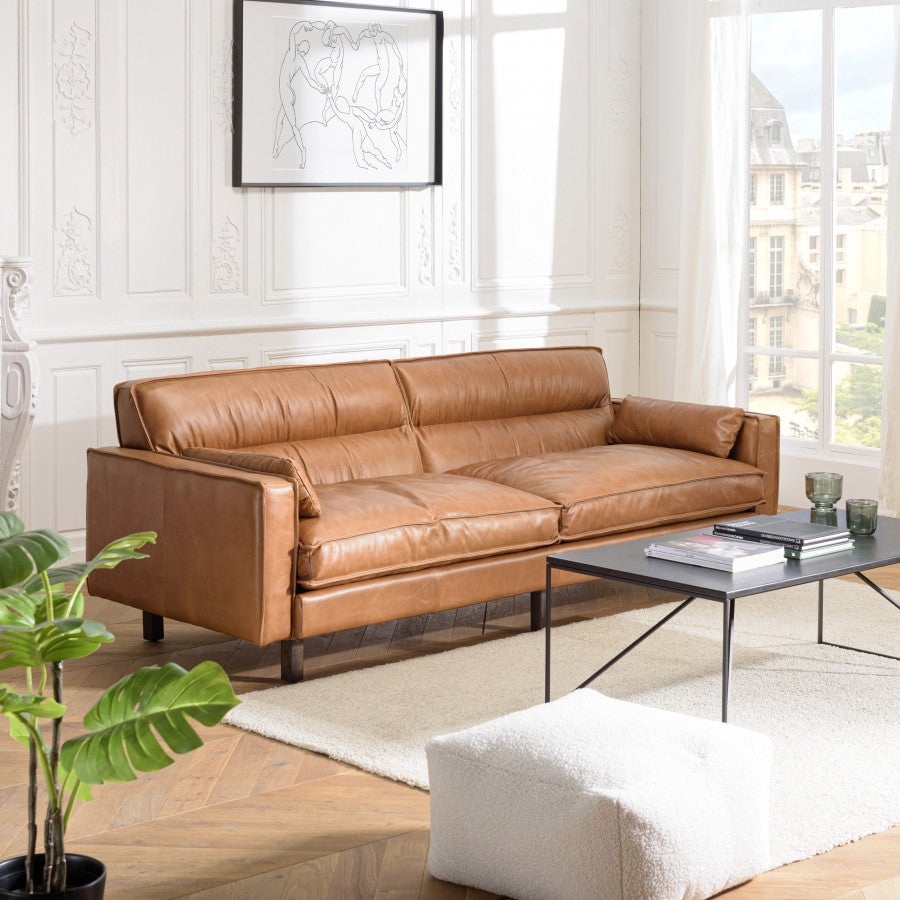 Gaston - sofá vintage de 3 plazas en piel marrón camel, patas de madera