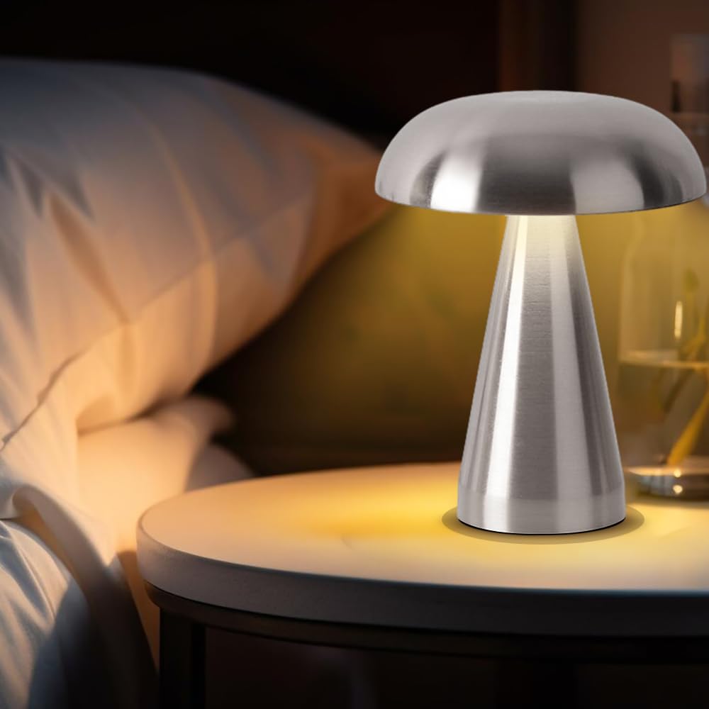 Lampa stołowa LED Mushroom, dotykowa lampa stołowa z metalu, 3 temperatury barwowe i płynna regulacja jasności (srebrna)