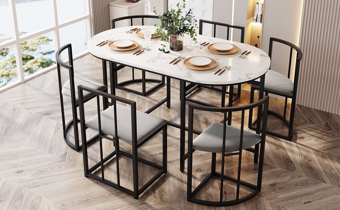 Set tavolo da pranzo con 6 sedie - 140 x 80 x 76 cm - MDF e gambe in metallo nero - Effetto marmo - Bianco + grigio - 3