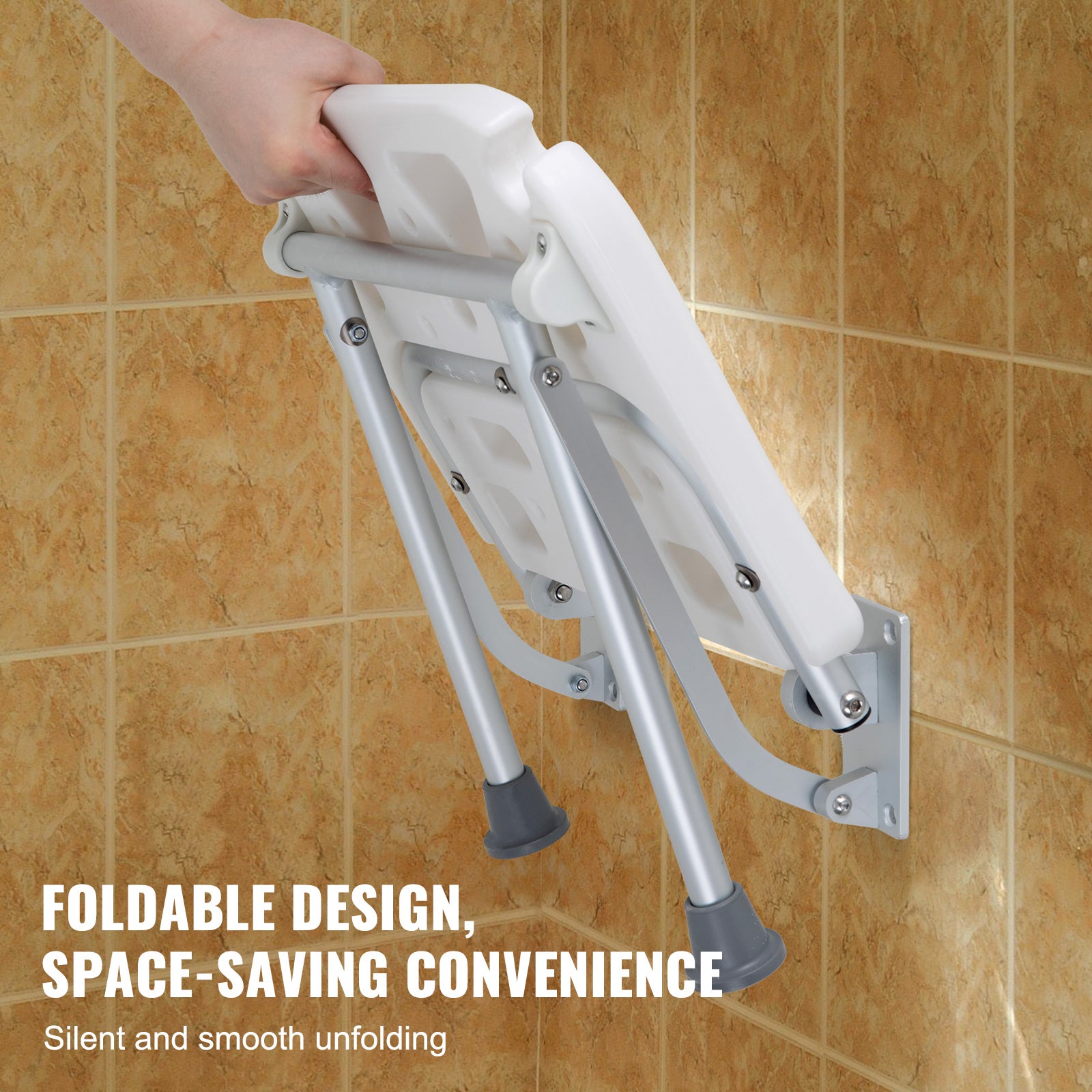 Asiento de ducha plegable de PE,expansión VEVOR 40x37,5 cm,taburete de ducha montado la pared,capacidad de carga de 500 libras,ahorro de espacio - 4