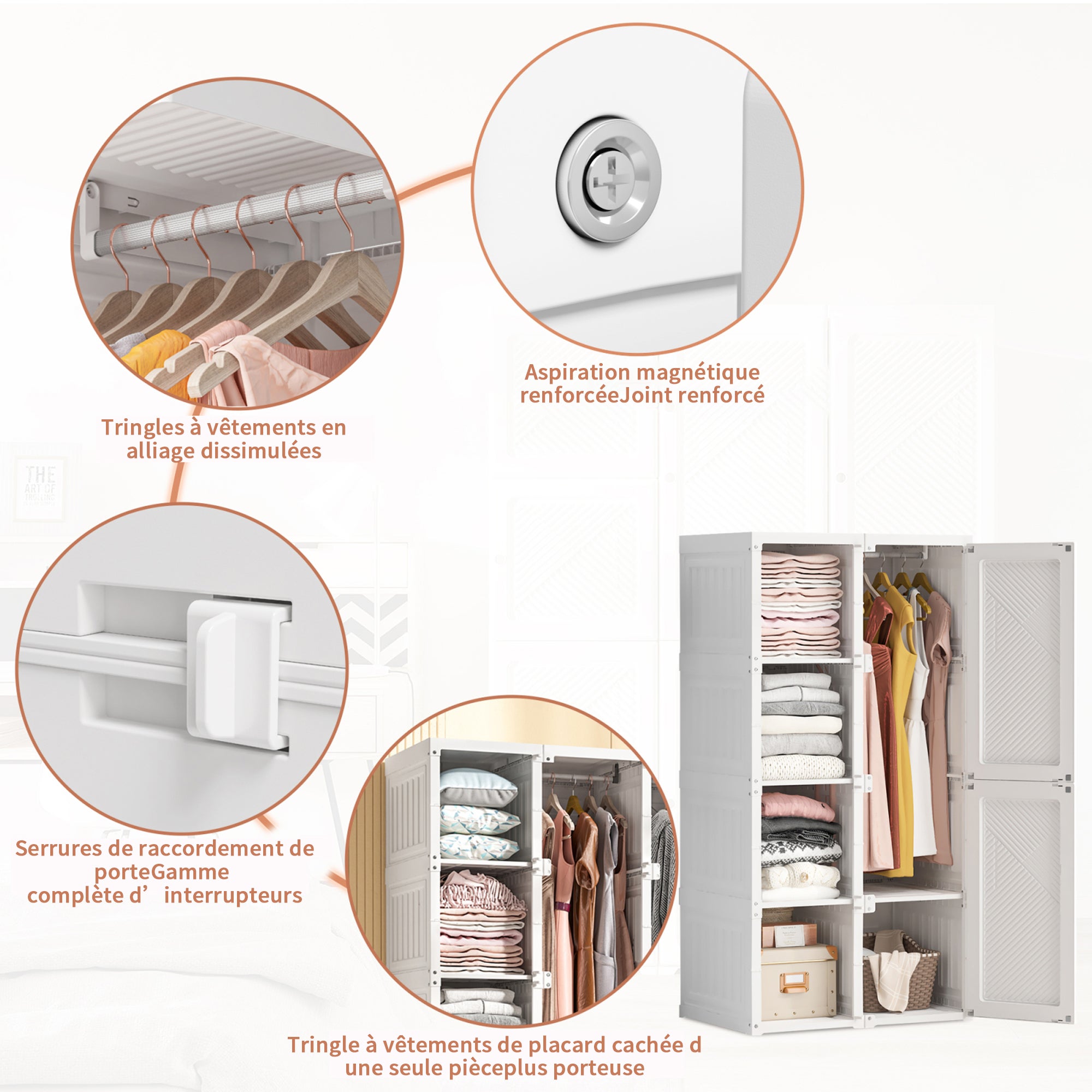 Armoire - Chambre Rangement - Style scandinave - ​Garde-robe - COZY - 6 Portes - 5 Cases - Avec cintres - PP - Blanc - 6